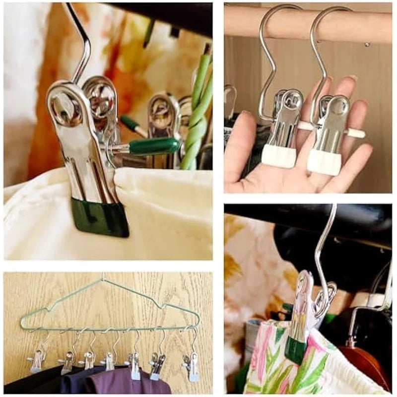 10pcs Stainless Steel Clothespins Laundry Clothes Pegs With Hook Portable Hanging Clothes Clip Wardrobe Clothes Organizer Hanger