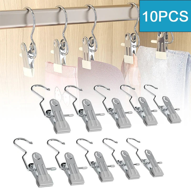 10pcs Stainless Steel Clothespins Laundry Clothes Pegs With Hook Portable Hanging Clothes Clip Wardrobe Clothes Organizer Hanger