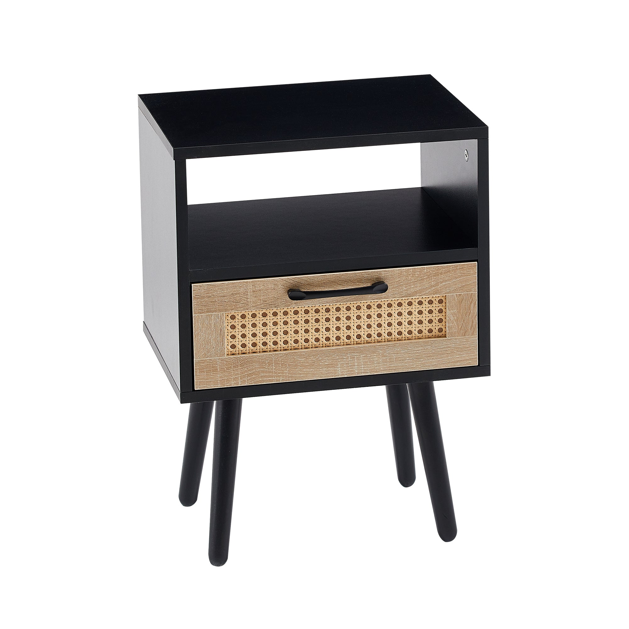 15.75" Rattan End table with drawer and solid wood legs Modern nightstand side table for living room black