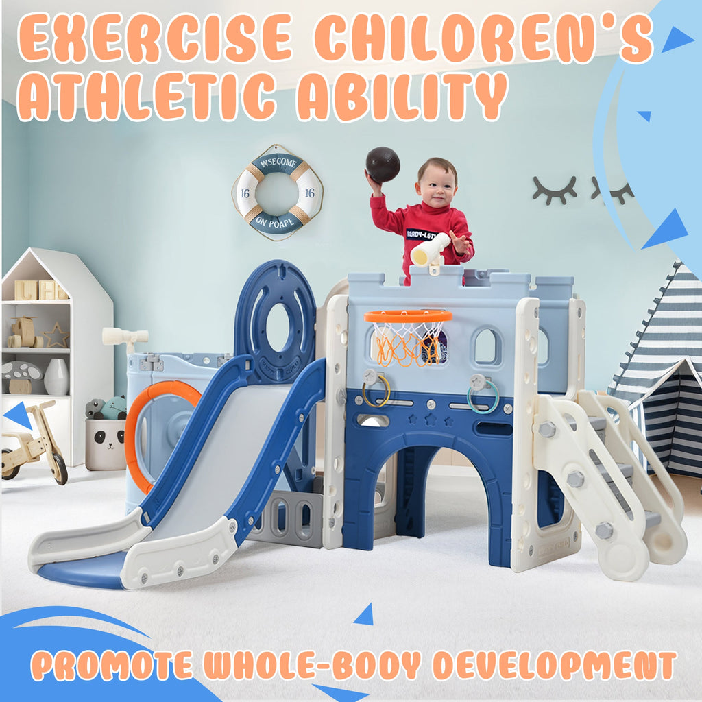 10-1 Toddler Slide Set,Kids Slide for Toddlers Ages 1+, Basketball Hoop Pirate Ship Themed Slide with Ship Head Indoor& Outdoor