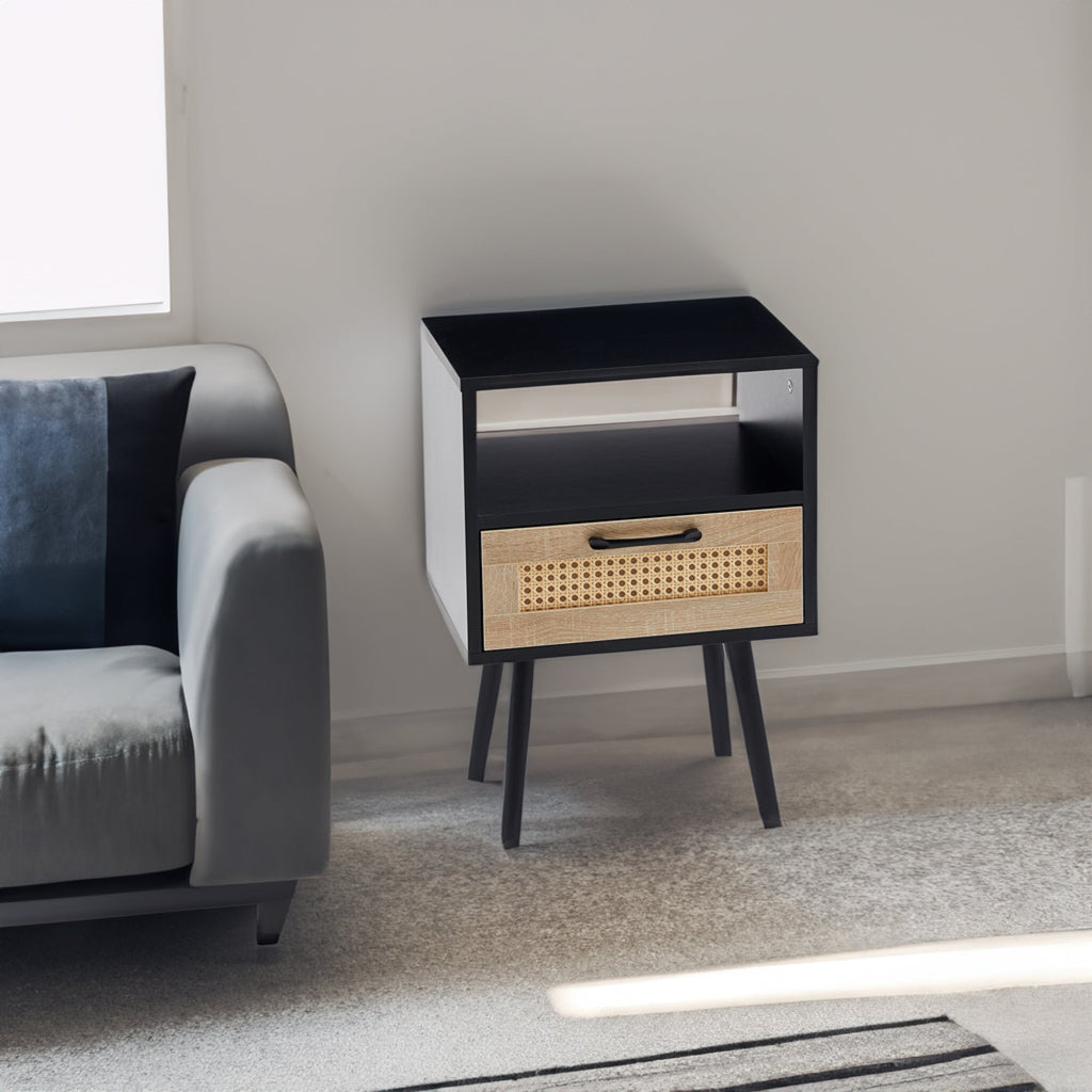 15.75" Rattan End table with drawer and solid wood legs Modern nightstand side table for living room black