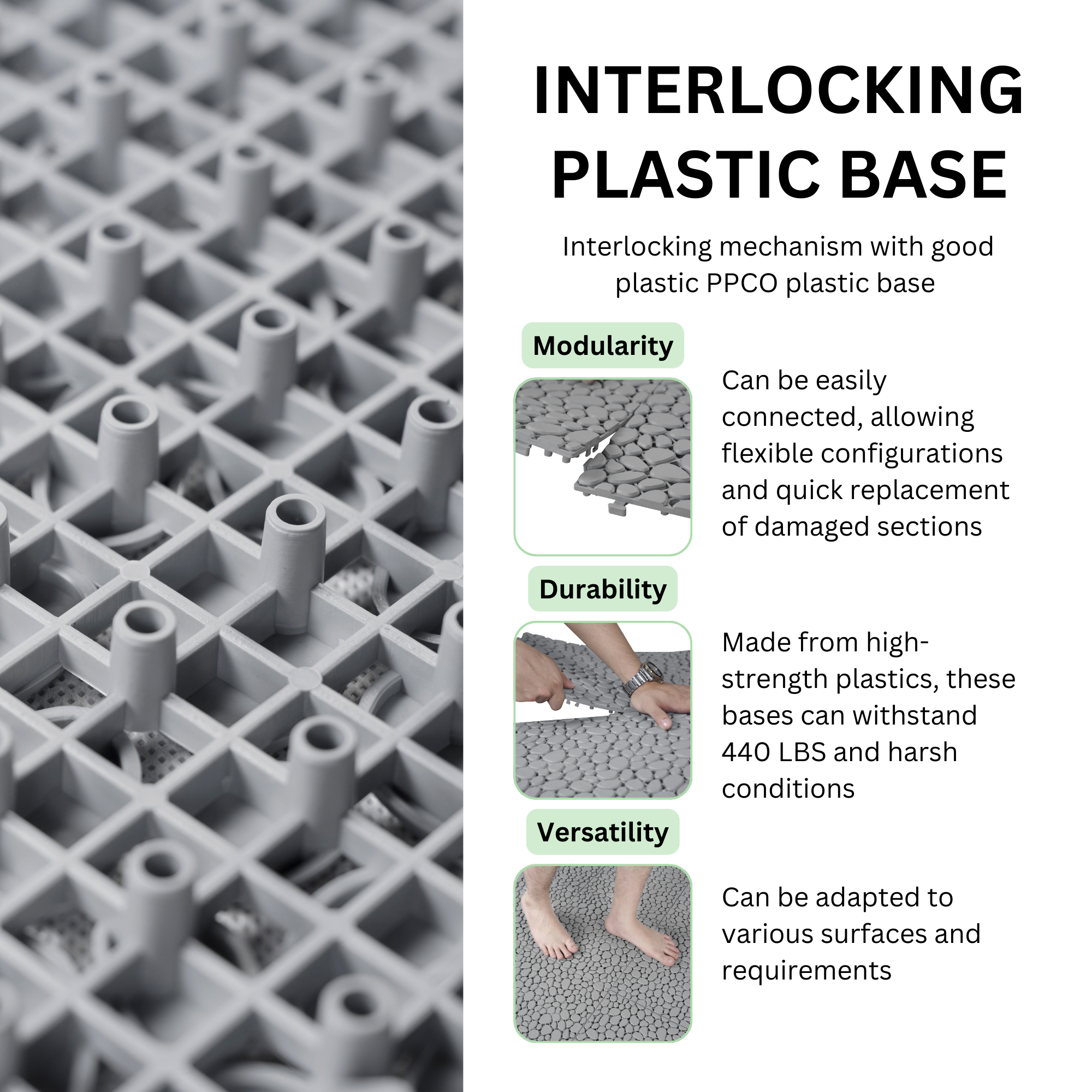 12 x 12 inch gray interlocking deck tiles, plastic waterproof pebble pattern, pack of 12 pieces