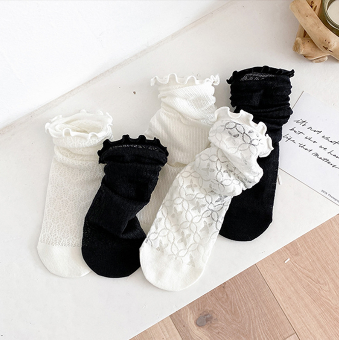 1 pair of socks for women summer thin black middle tube socks Japanese lace ballet style socks mesh breathable pile socks