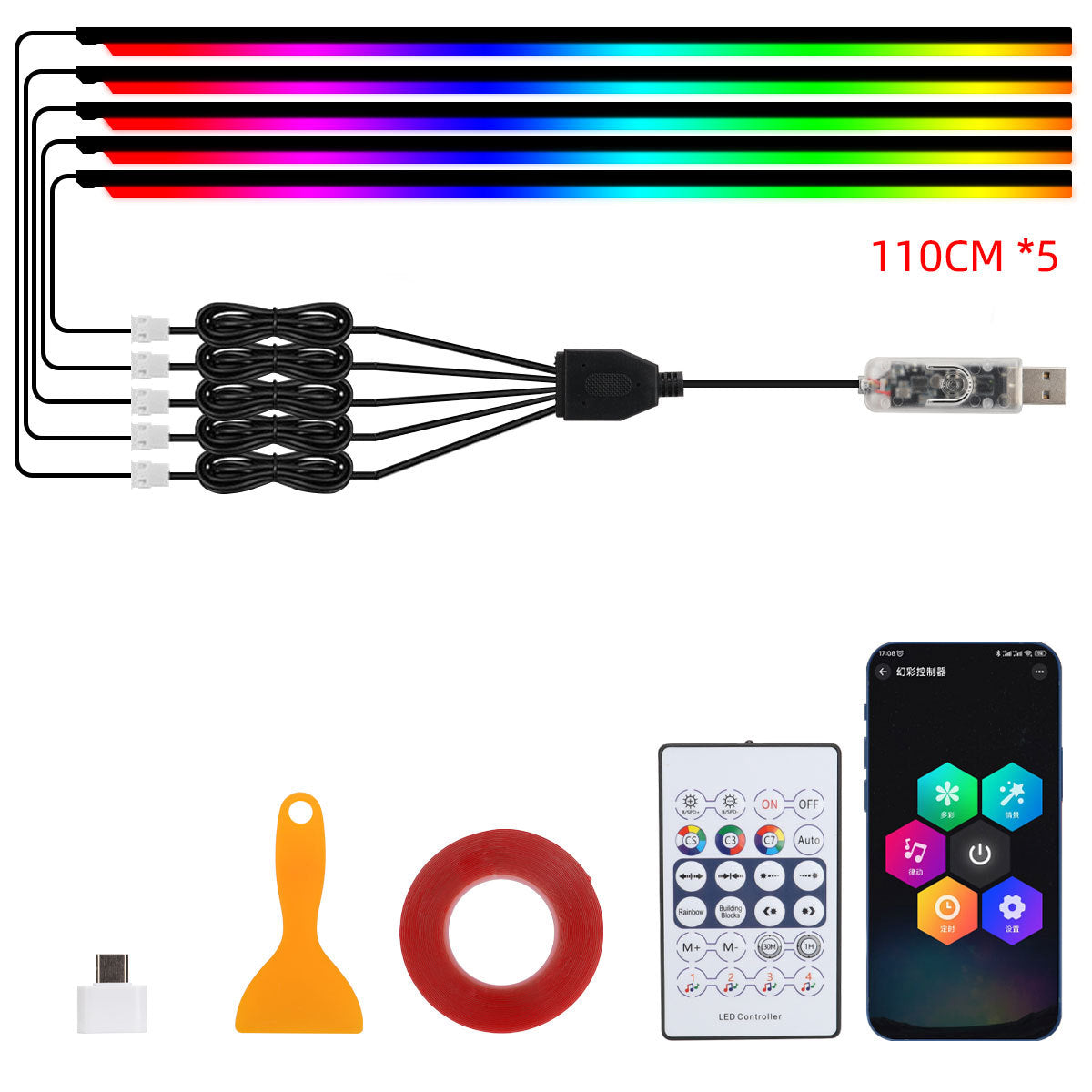 10 in 1 Car LED Acrylic Light Strip RGB Symphony Auto Interior Strip Lights Remote/APP Control Decorative Atmosphere Lamp