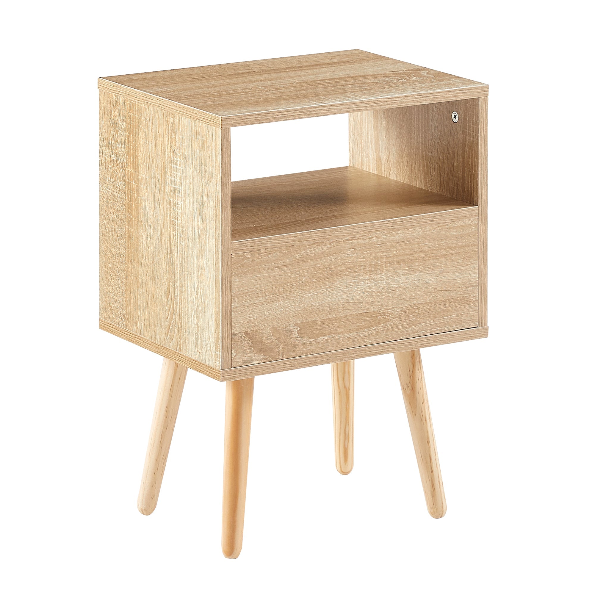 15.75" Rattan End table with drawer and solid wood legs Modern nightstand side table for living room natural