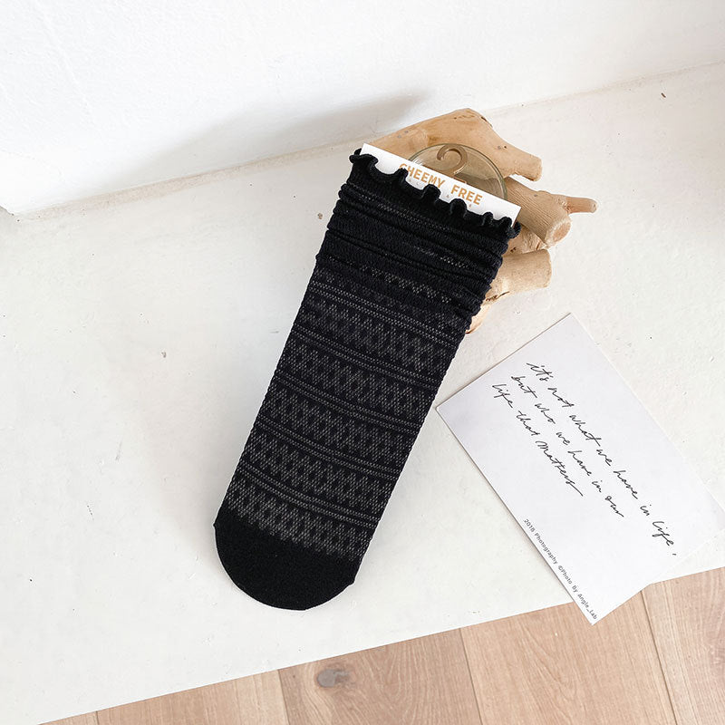 1 pair of socks for women summer thin black middle tube socks Japanese lace ballet style socks mesh breathable pile socks