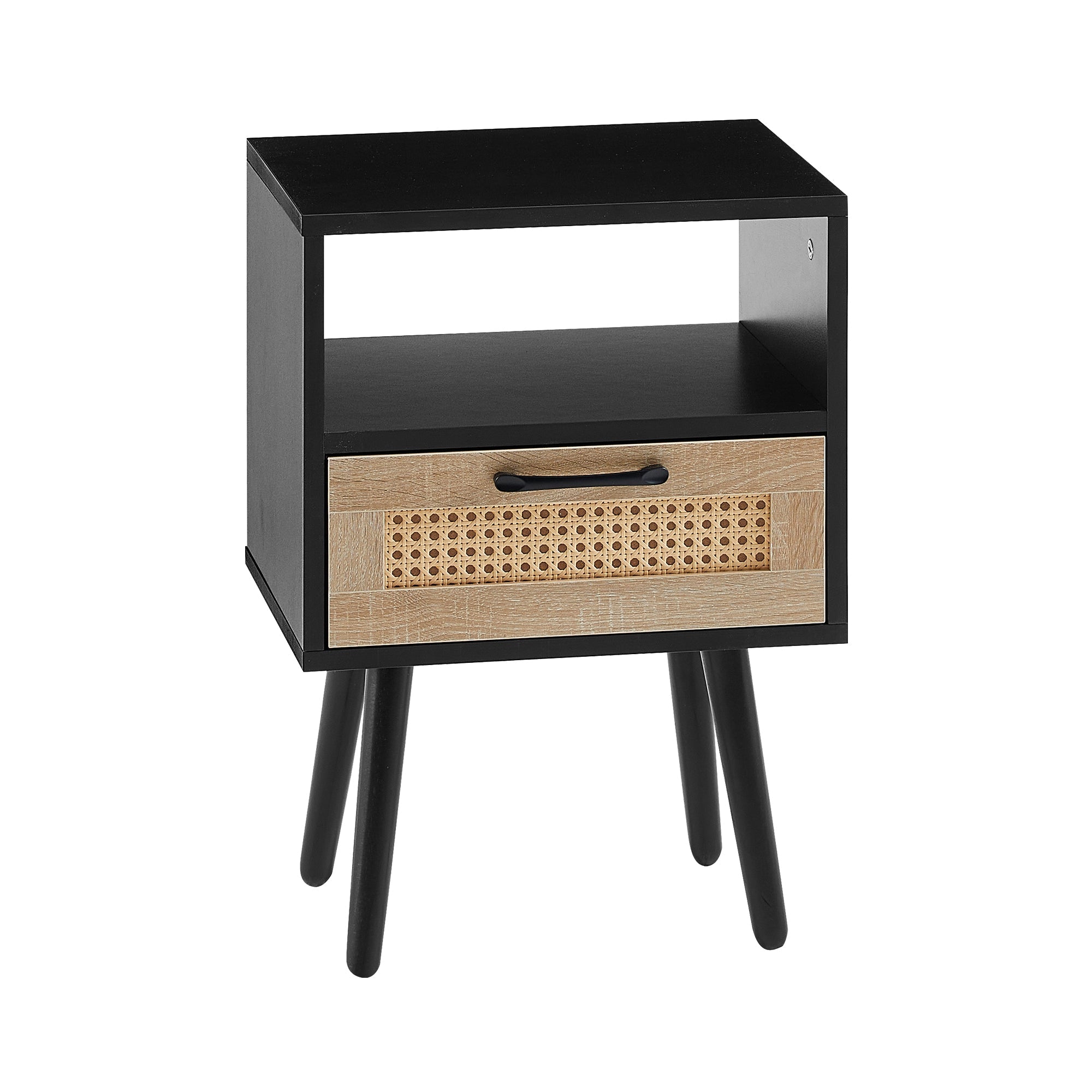 15.75" Rattan End table with drawer and solid wood legs Modern nightstand side table for living room black
