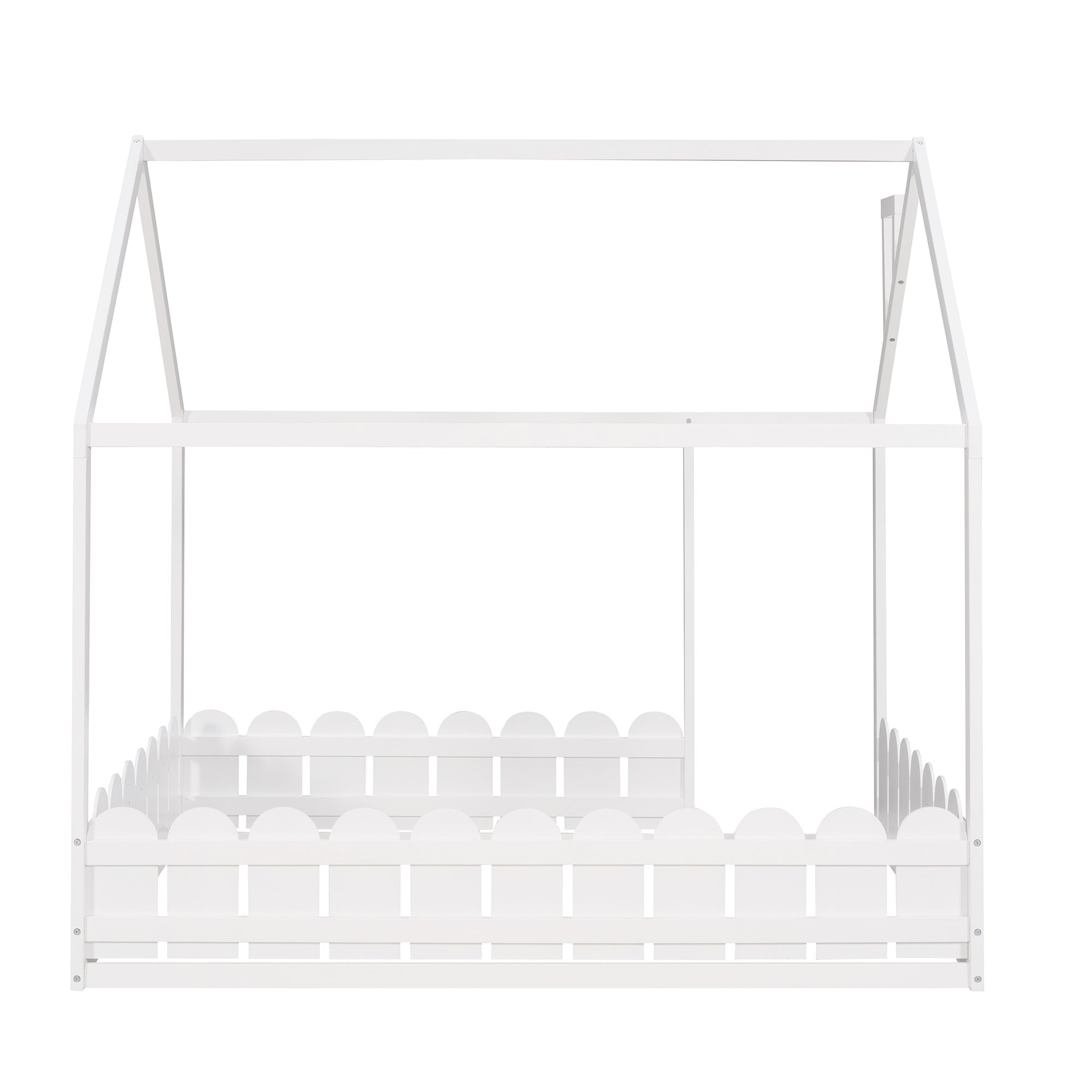 (Slats are not included) Full Size Wood Bed House Bed Frame with Fence for Kids Teens Girls Boys (White )