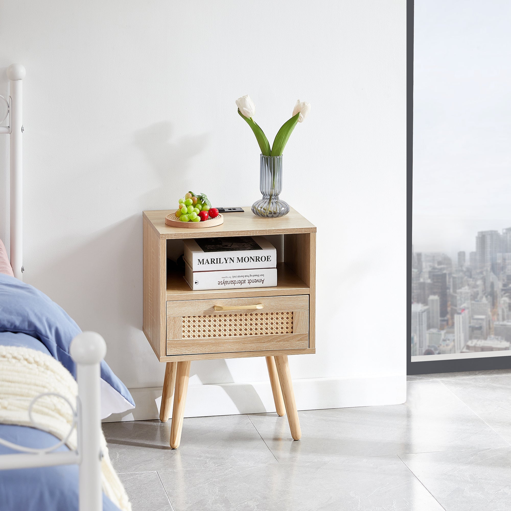 15.75" Rattan End table with Power Outlet & USB Ports  Modern nightstand with drawer and solid wood legs