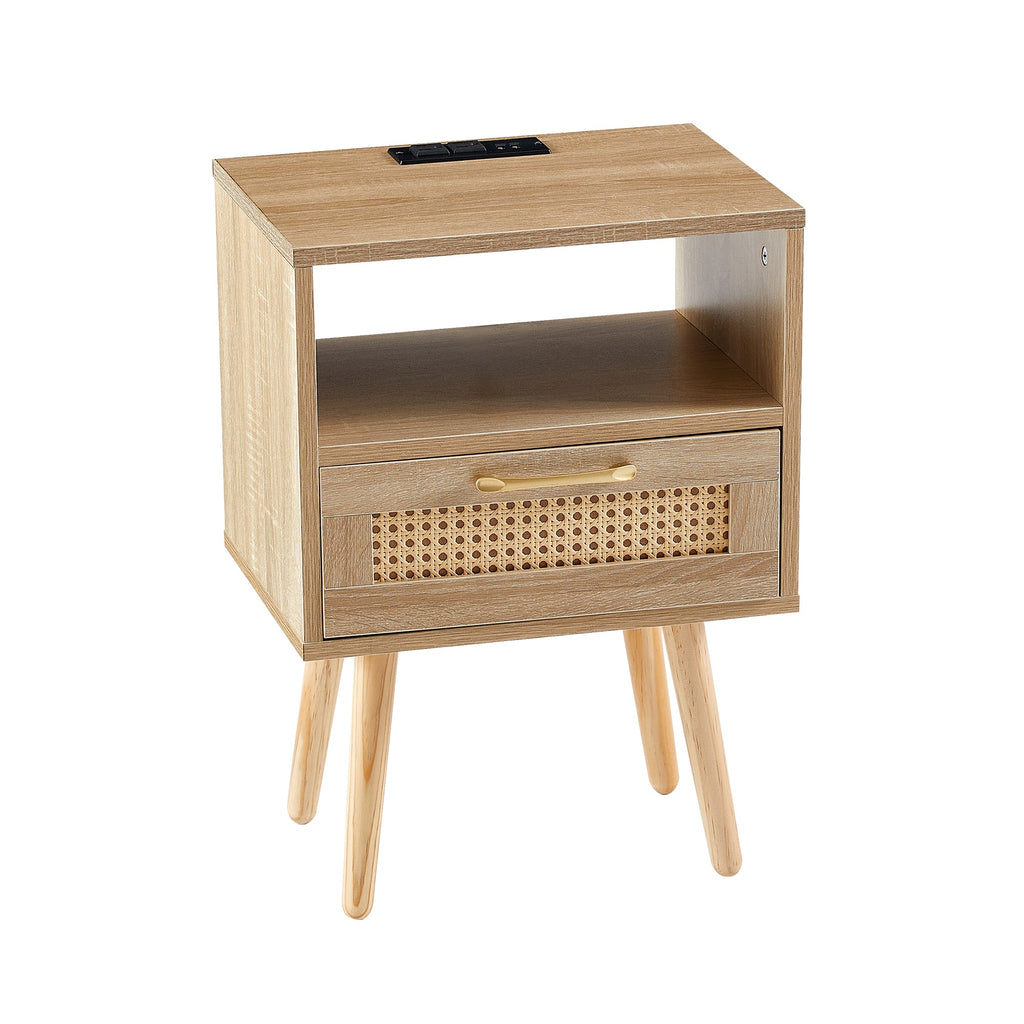 15.75" Rattan End table with Power Outlet & USB Ports  Modern nightstand with drawer and solid wood legs