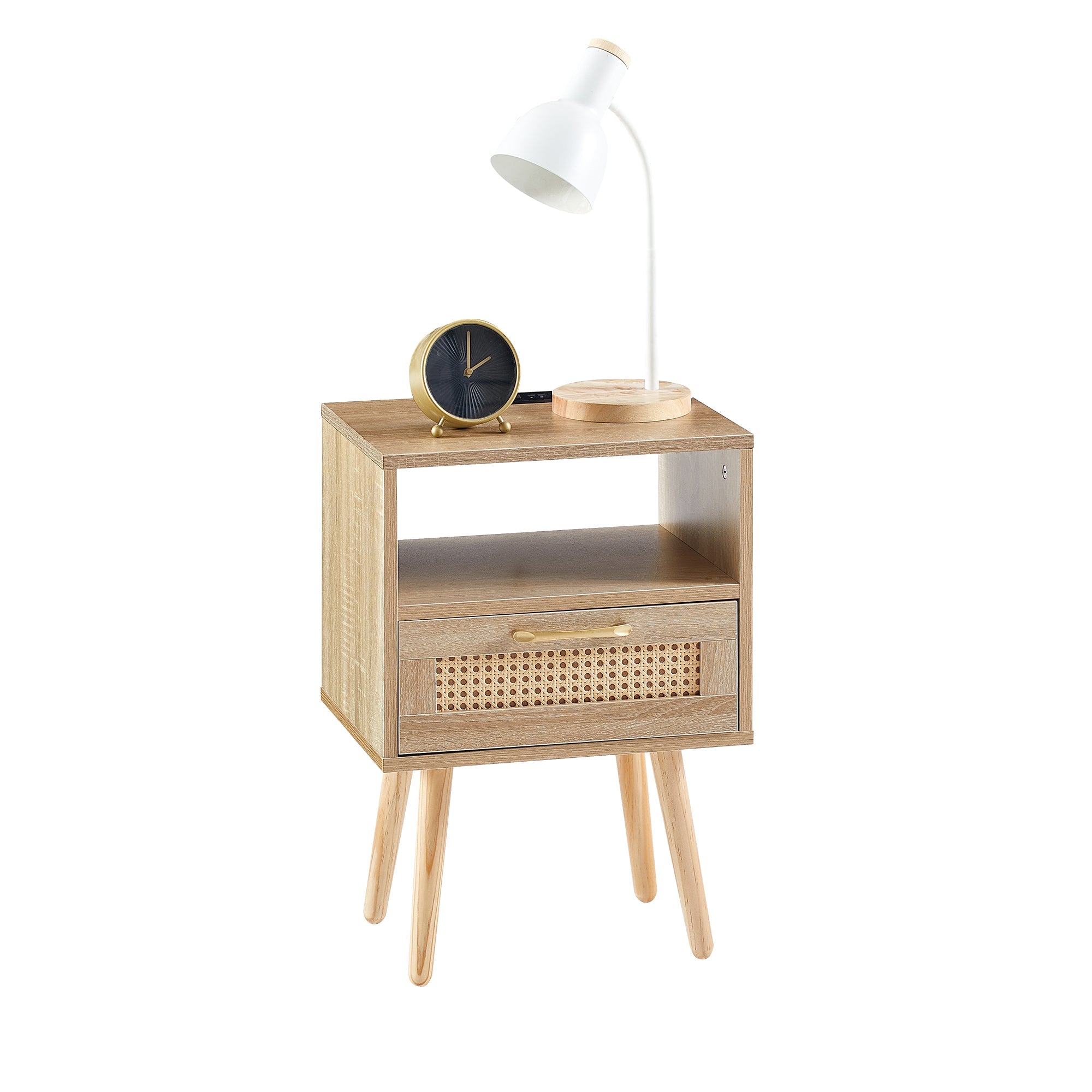 15.75" Rattan End table with Power Outlet & USB Ports  Modern nightstand with drawer and solid wood legs