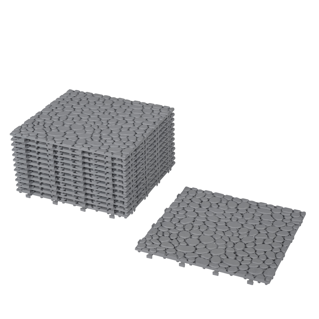 12 x 12 inch gray interlocking deck tiles, plastic waterproof pebble pattern, pack of 12 pieces
