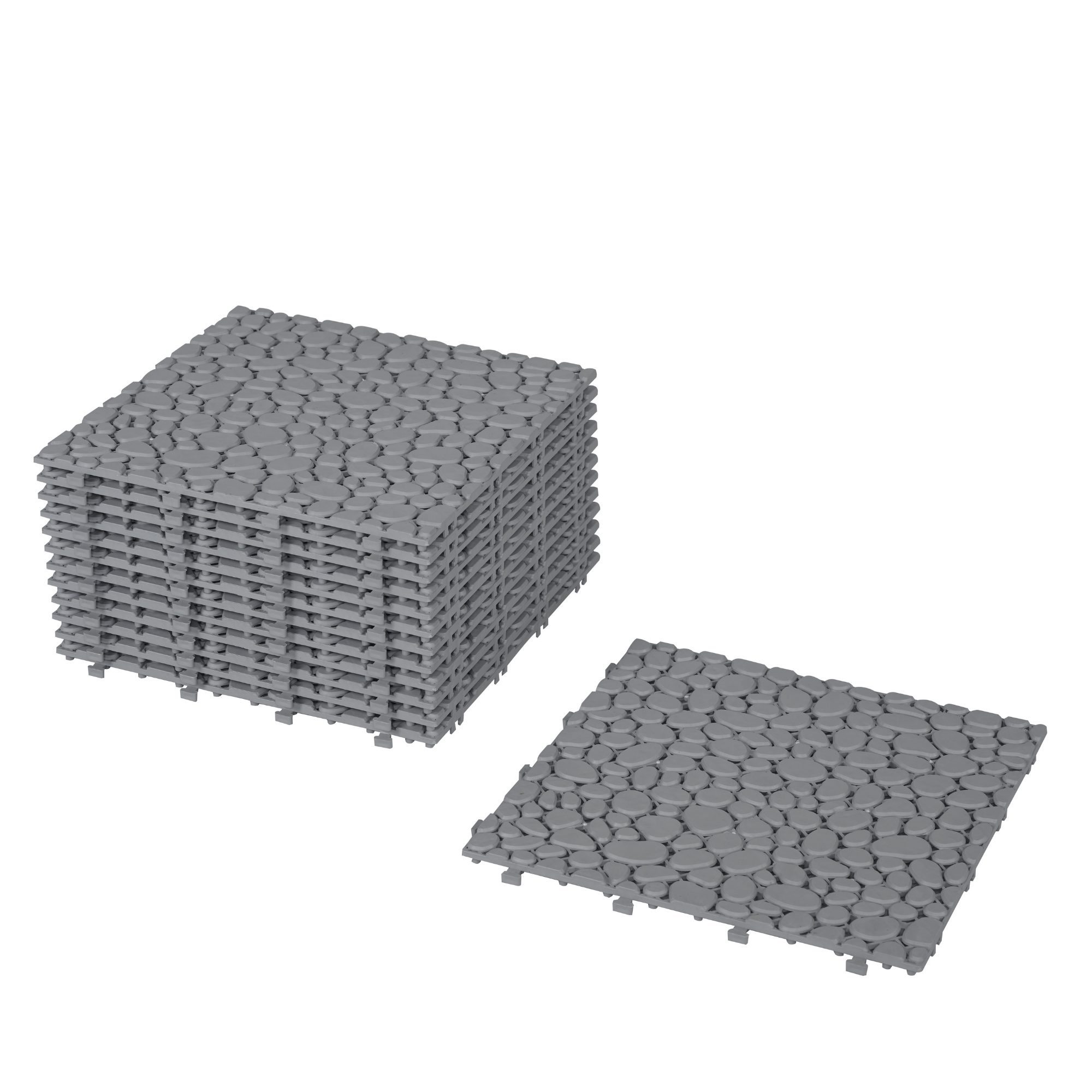 12 x 12 inch gray interlocking deck tiles, plastic waterproof pebble pattern, pack of 12 pieces