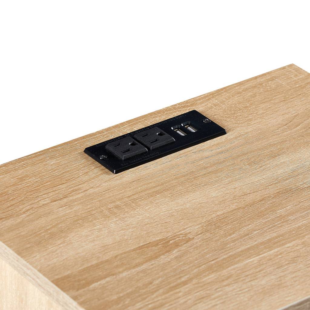 15.75" Rattan End table with Power Outlet & USB Ports  Modern nightstand with drawer and solid wood legs