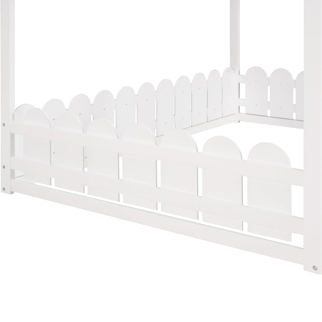 (Slats are not included) Full Size Wood Bed House Bed Frame with Fence for Kids Teens Girls Boys (White )