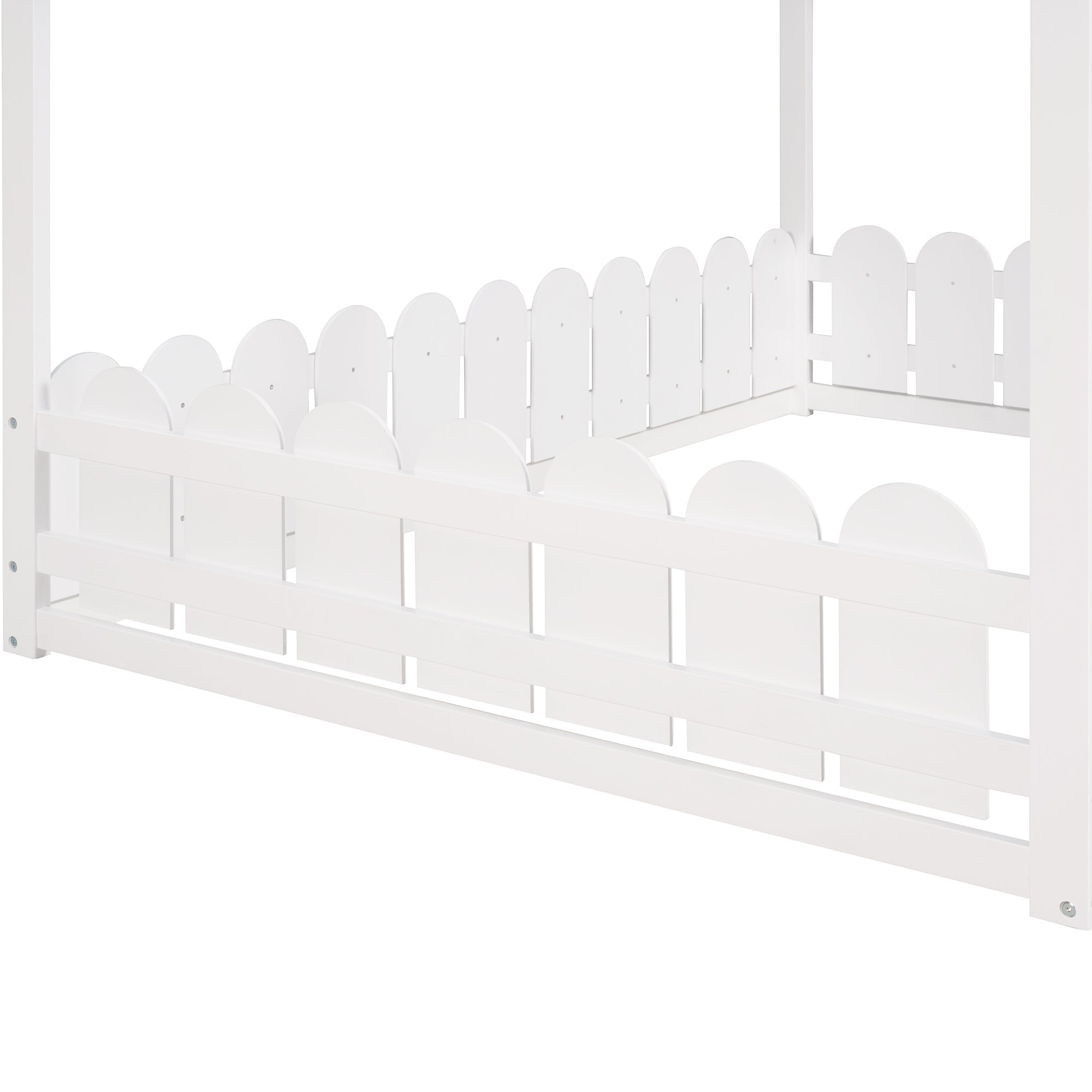 (Slats are not included) Full Size Wood Bed House Bed Frame with Fence for Kids Teens Girls Boys (White )