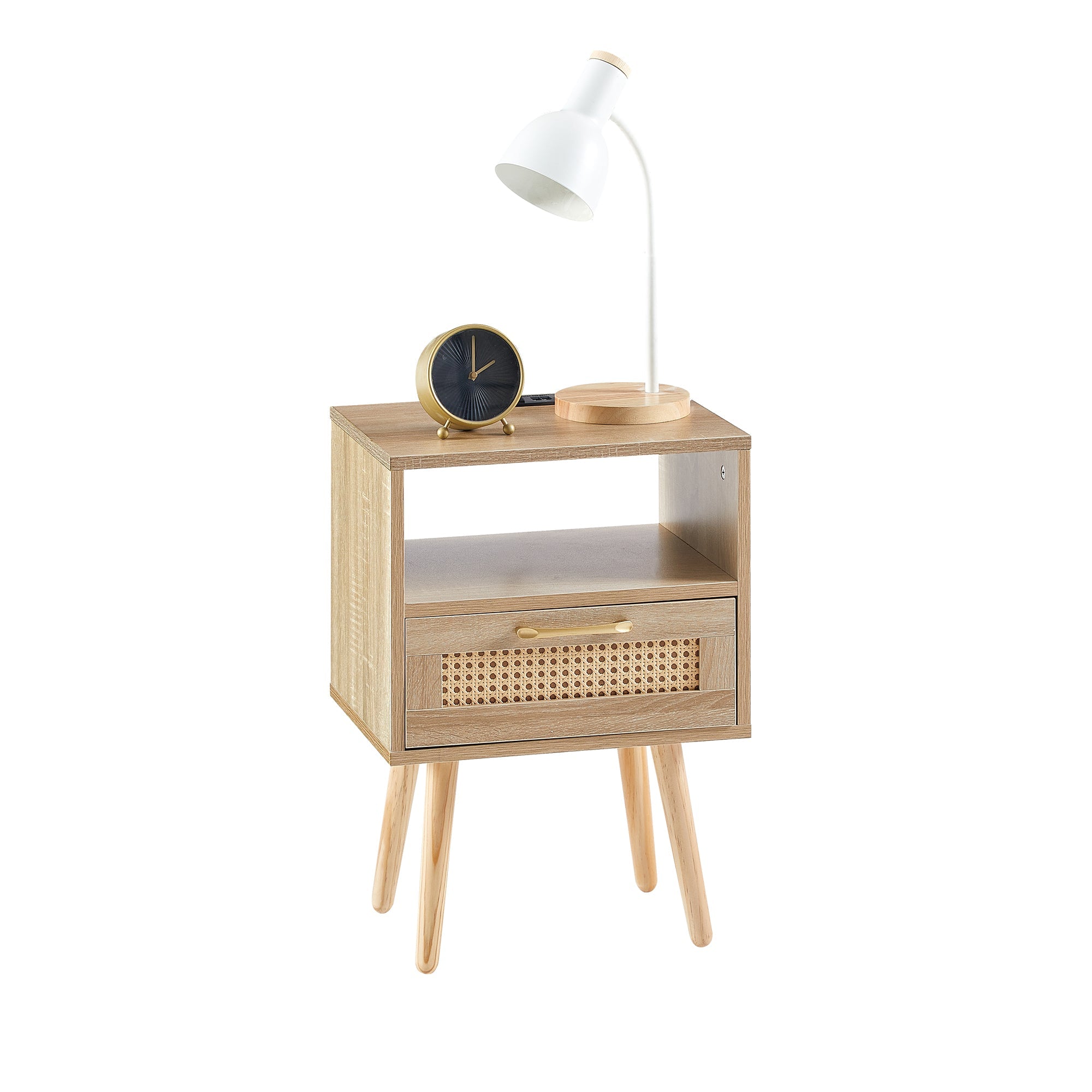 15.75" Rattan End table with Power Outlet & USB Ports  Modern nightstand with drawer and solid wood legs