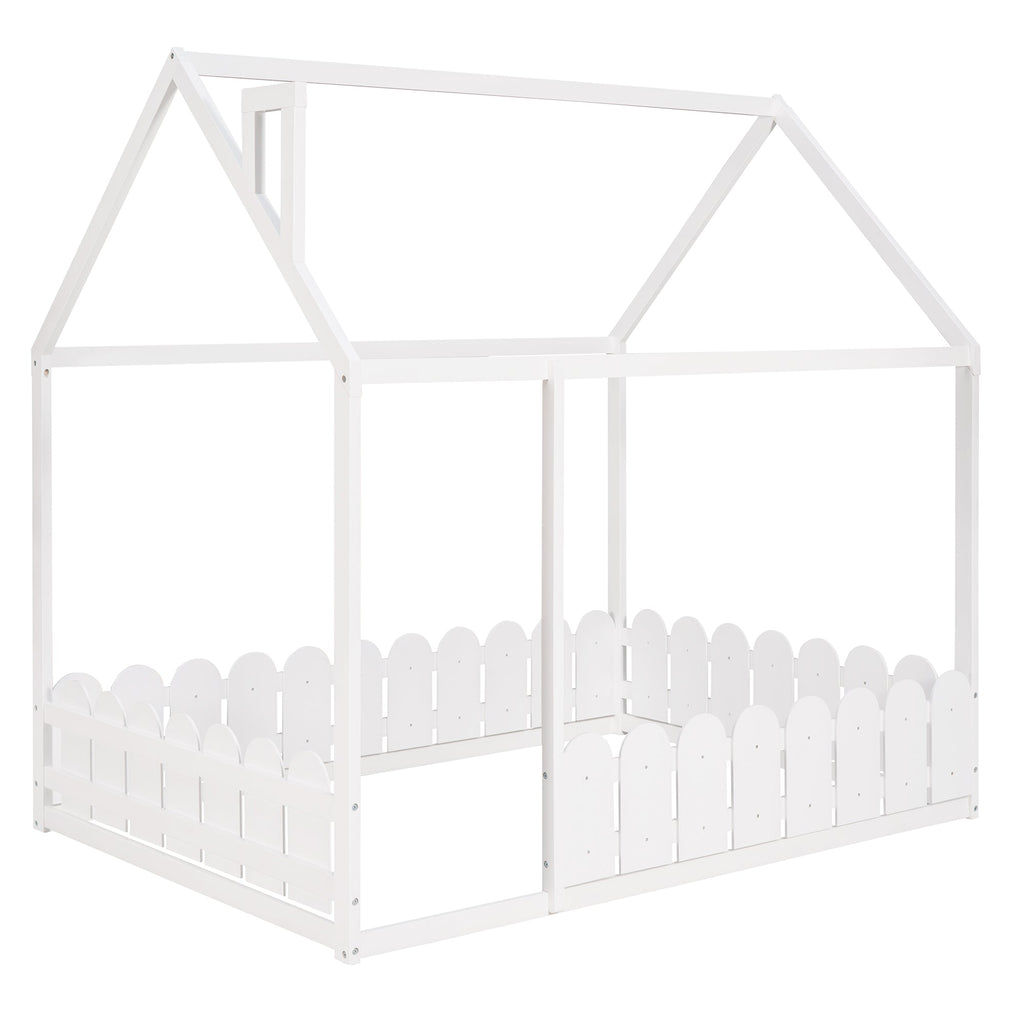 (Slats are not included) Full Size Wood Bed House Bed Frame with Fence for Kids Teens Girls Boys (White )