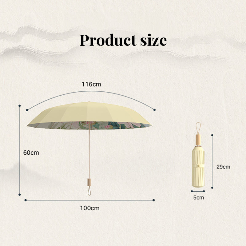 16-rib color rubber & gold aluminum alloy frame: new Chinese retro folding umbrella with sun protection and UV resistance.