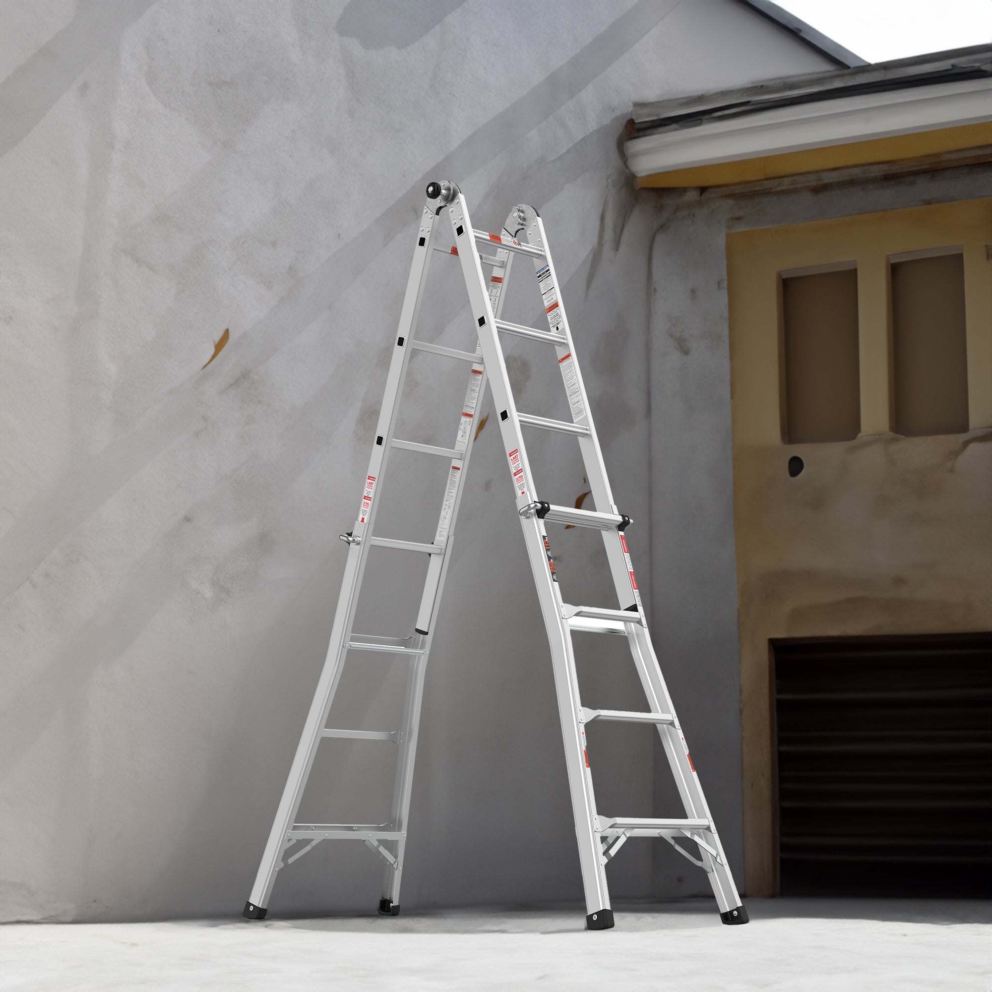 17ft Multi-Position Foldable Aluminum Ladder, A-Frame and Straight Ladder, ANSI 250lbs