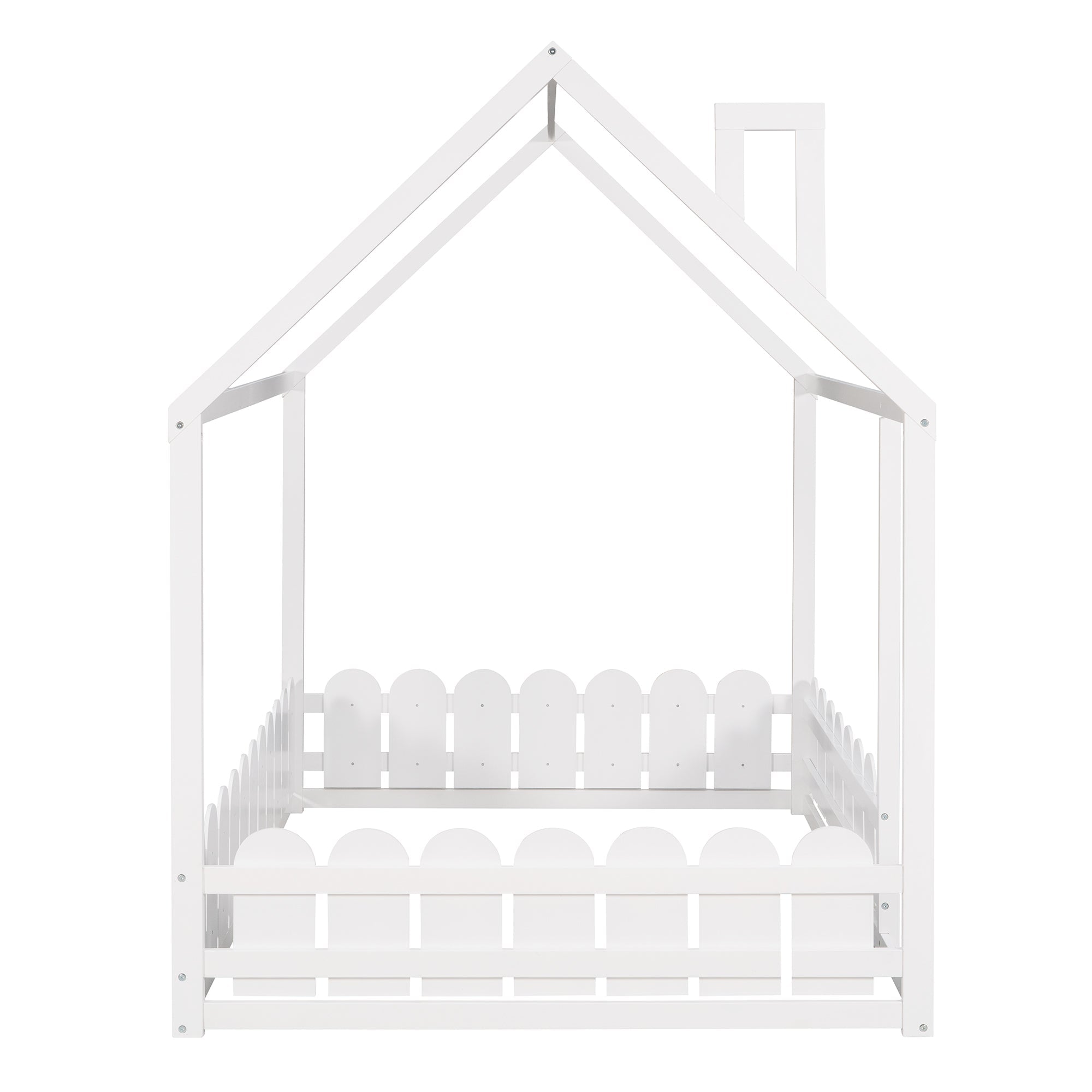 (Slats are not included) Full Size Wood Bed House Bed Frame with Fence for Kids Teens Girls Boys (White )
