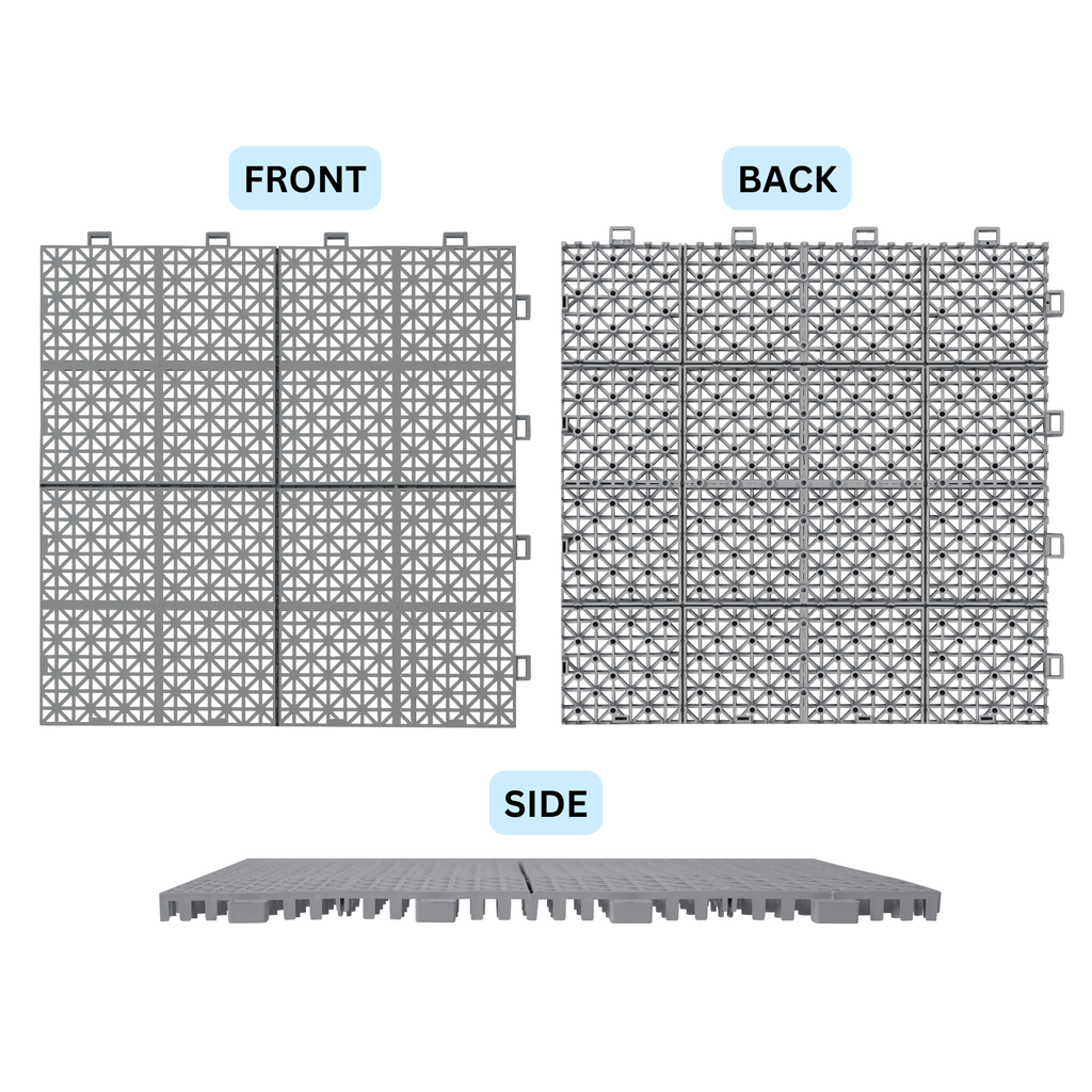 12 x 12 inch gray interlocking deck tiles, plastic waterproof, weighing up to 6613 pounds, with a rose pattern pack of 12