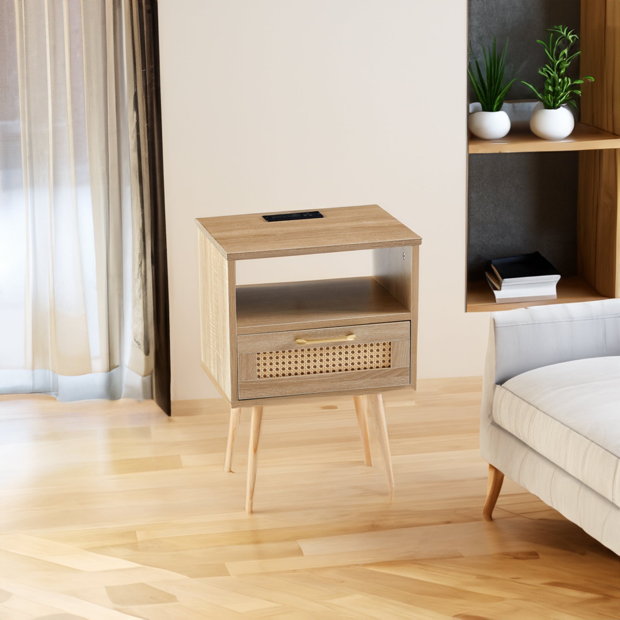 15.75" Rattan End table with Power Outlet & USB Ports  Modern nightstand with drawer and solid wood legs