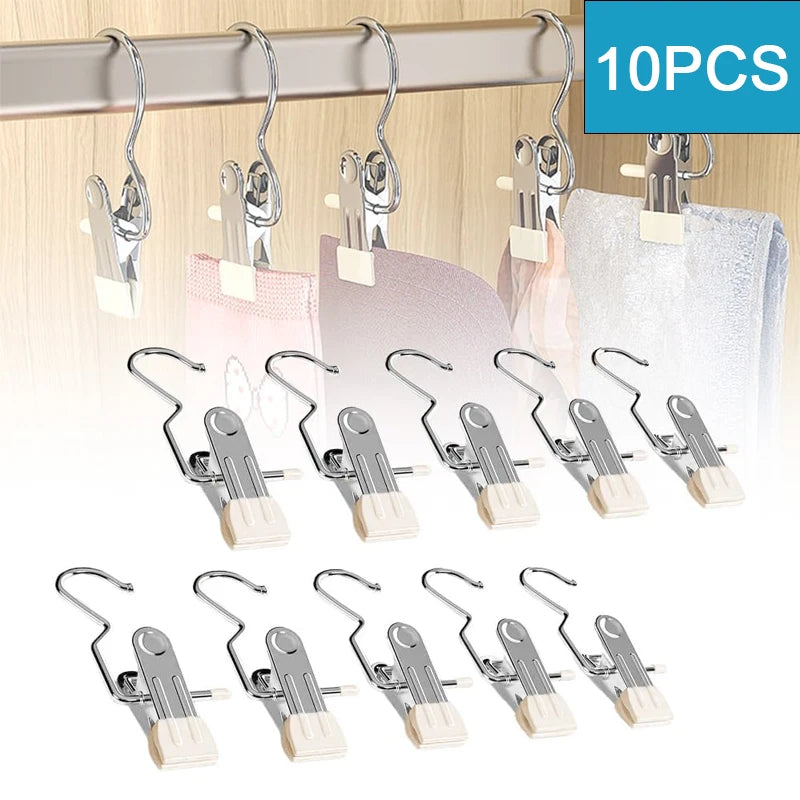 10pcs Stainless Steel Clothespins Laundry Clothes Pegs With Hook Portable Hanging Clothes Clip Wardrobe Clothes Organizer Hanger