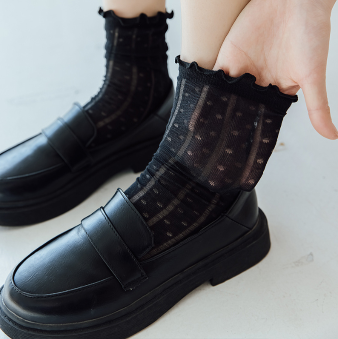 1 pair of socks for women summer thin black middle tube socks Japanese lace ballet style socks mesh breathable pile socks