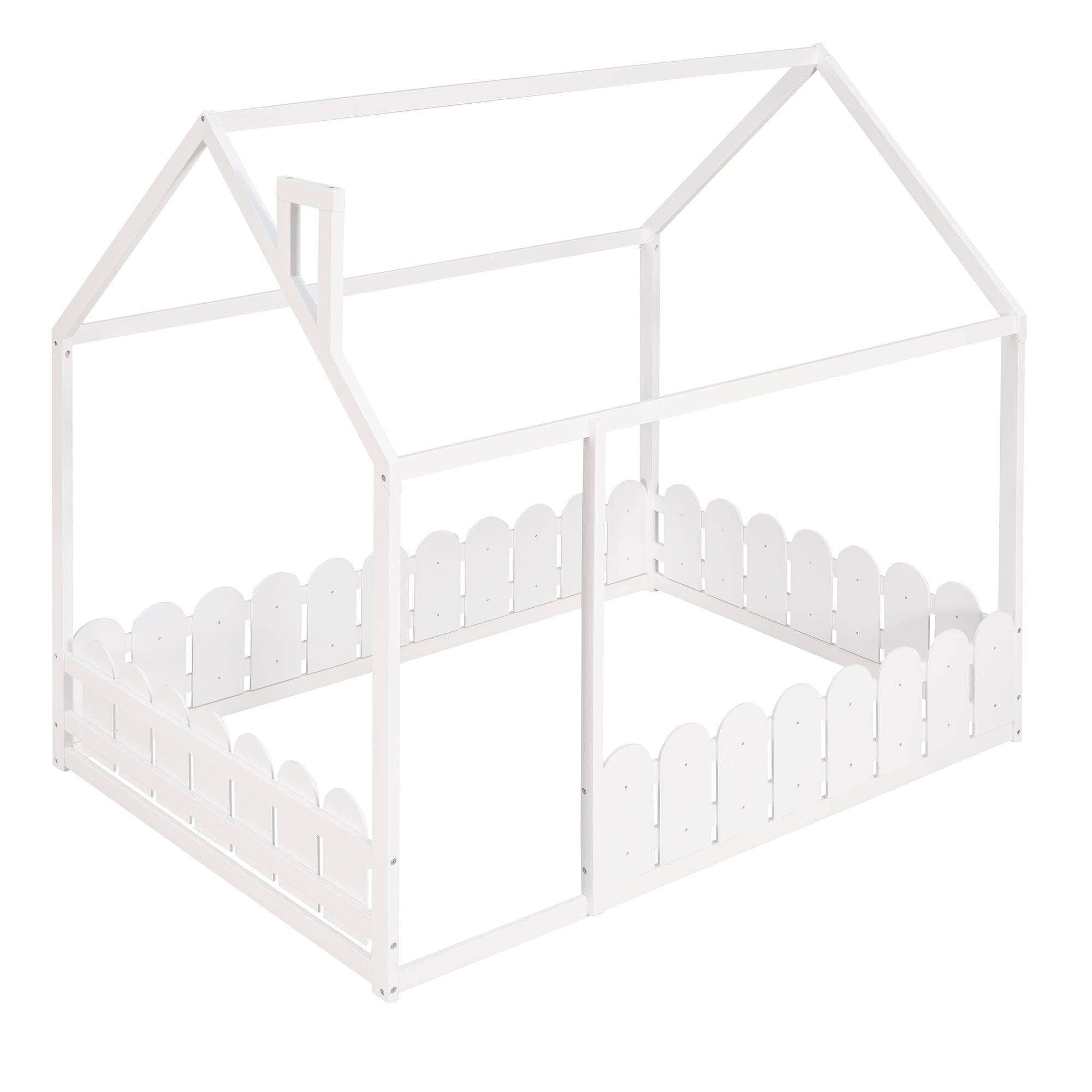 (Slats are not included) Full Size Wood Bed House Bed Frame with Fence for Kids Teens Girls Boys (White )