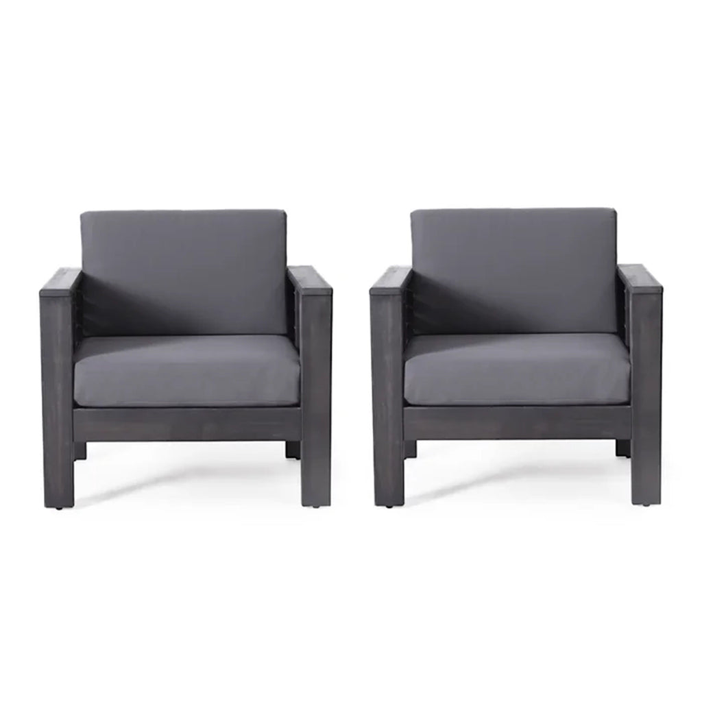 ( Set of 2) Outdoor Acacia Wood Club Chairs with Cushions, Dark Gray, 27.75"D x 32"W x 27.75"H
