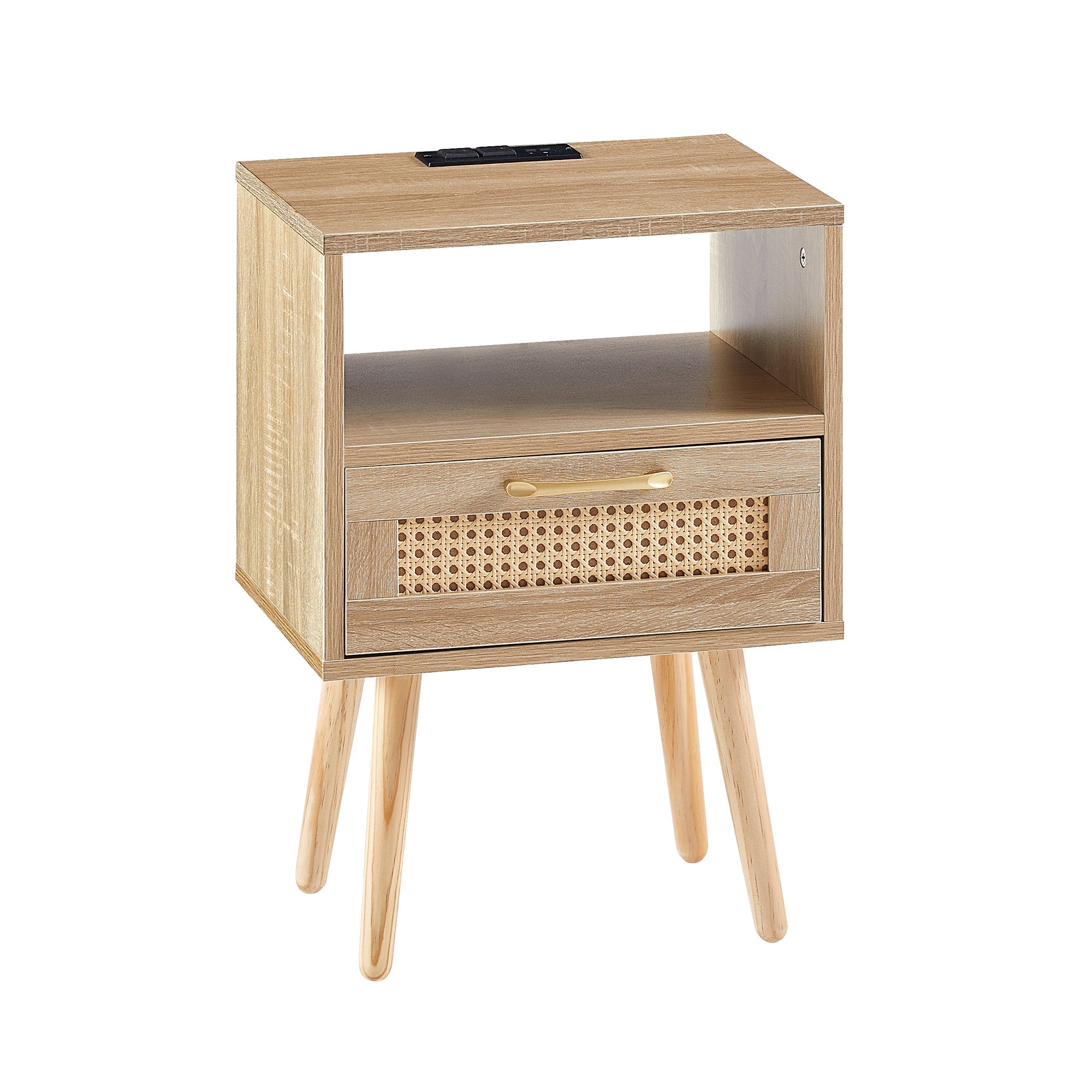 15.75" Rattan End table with Power Outlet & USB Ports  Modern nightstand with drawer and solid wood legs