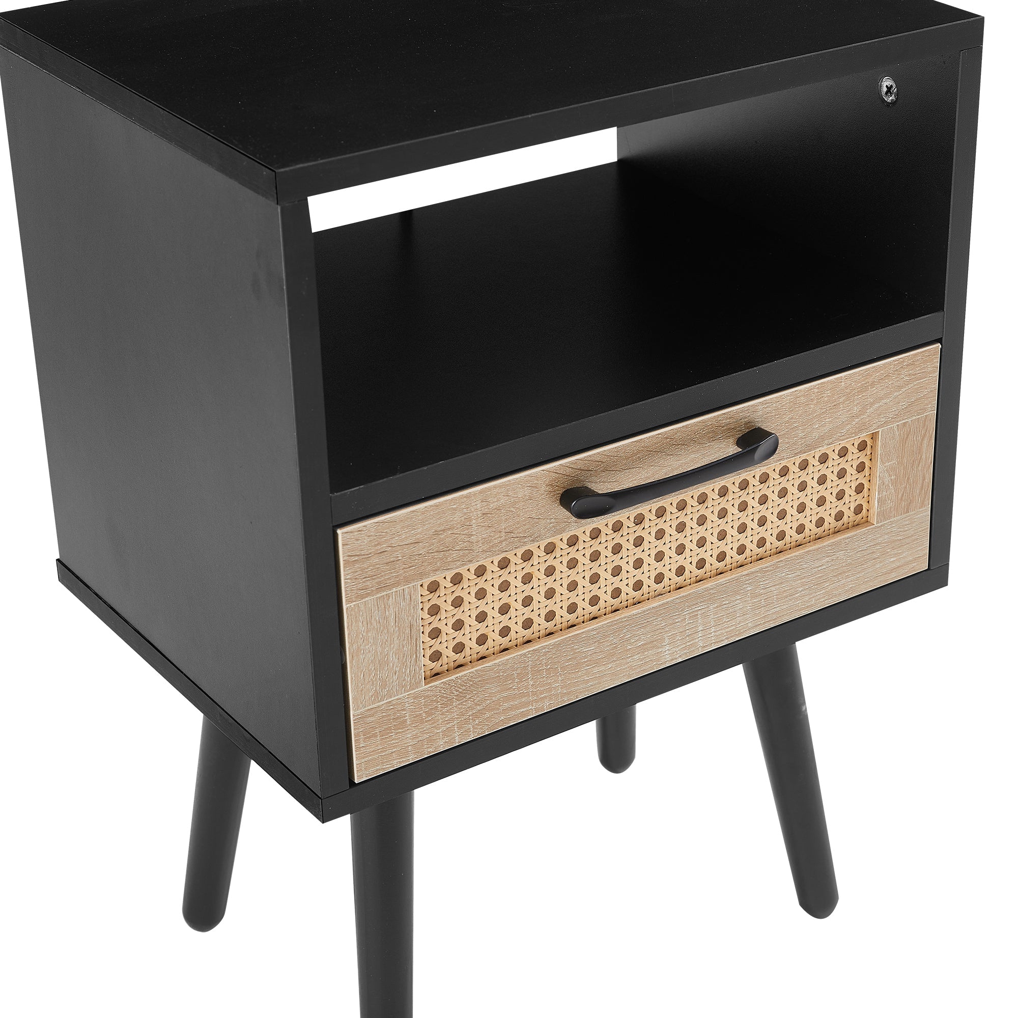 15.75" Rattan End table with drawer and solid wood legs Modern nightstand side table for living room black