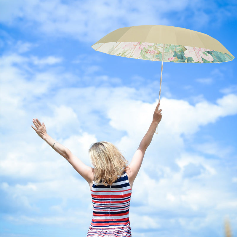 16-rib color rubber & gold aluminum alloy frame: new Chinese retro folding umbrella with sun protection and UV resistance.