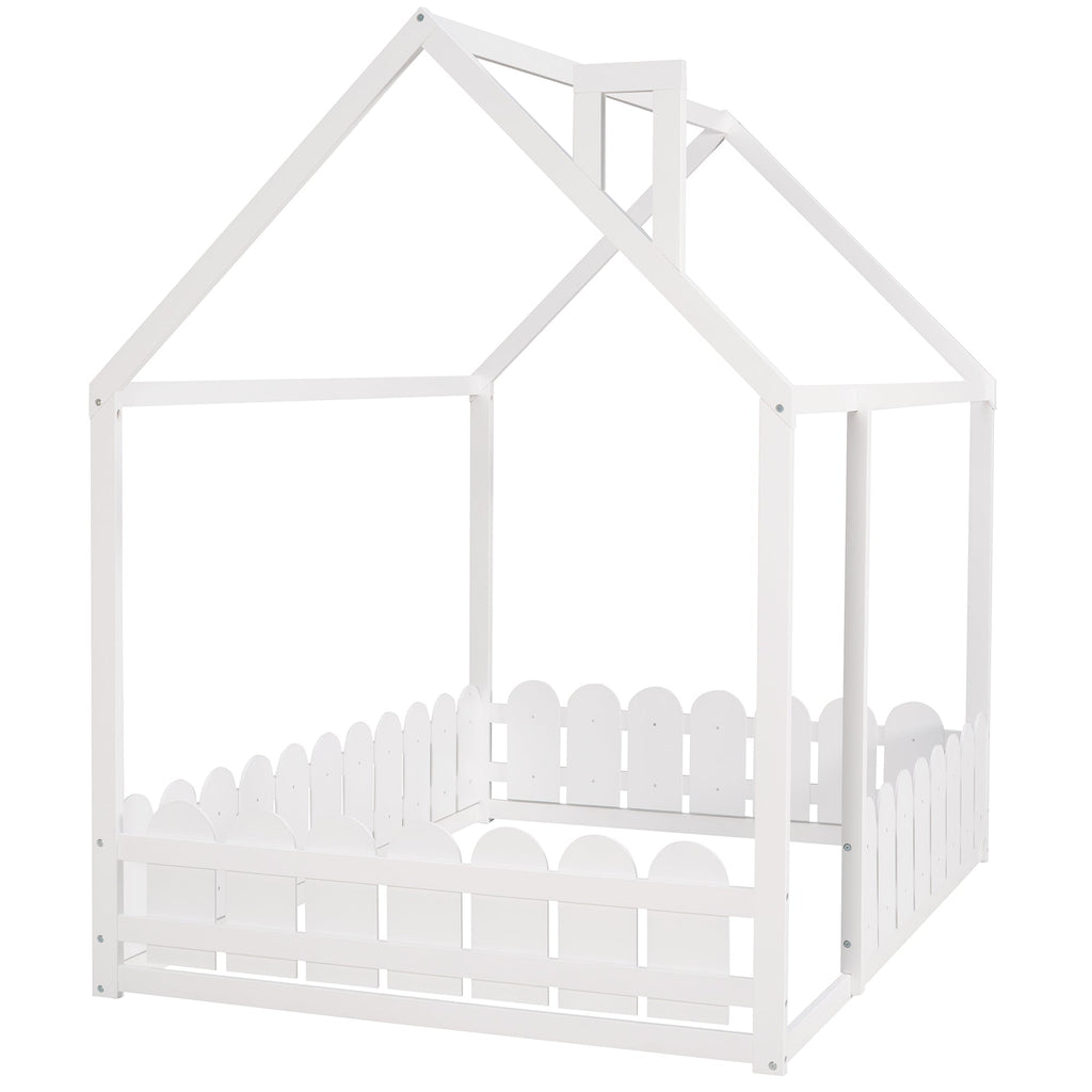 (Slats are not included) Full Size Wood Bed House Bed Frame with Fence for Kids Teens Girls Boys (White )