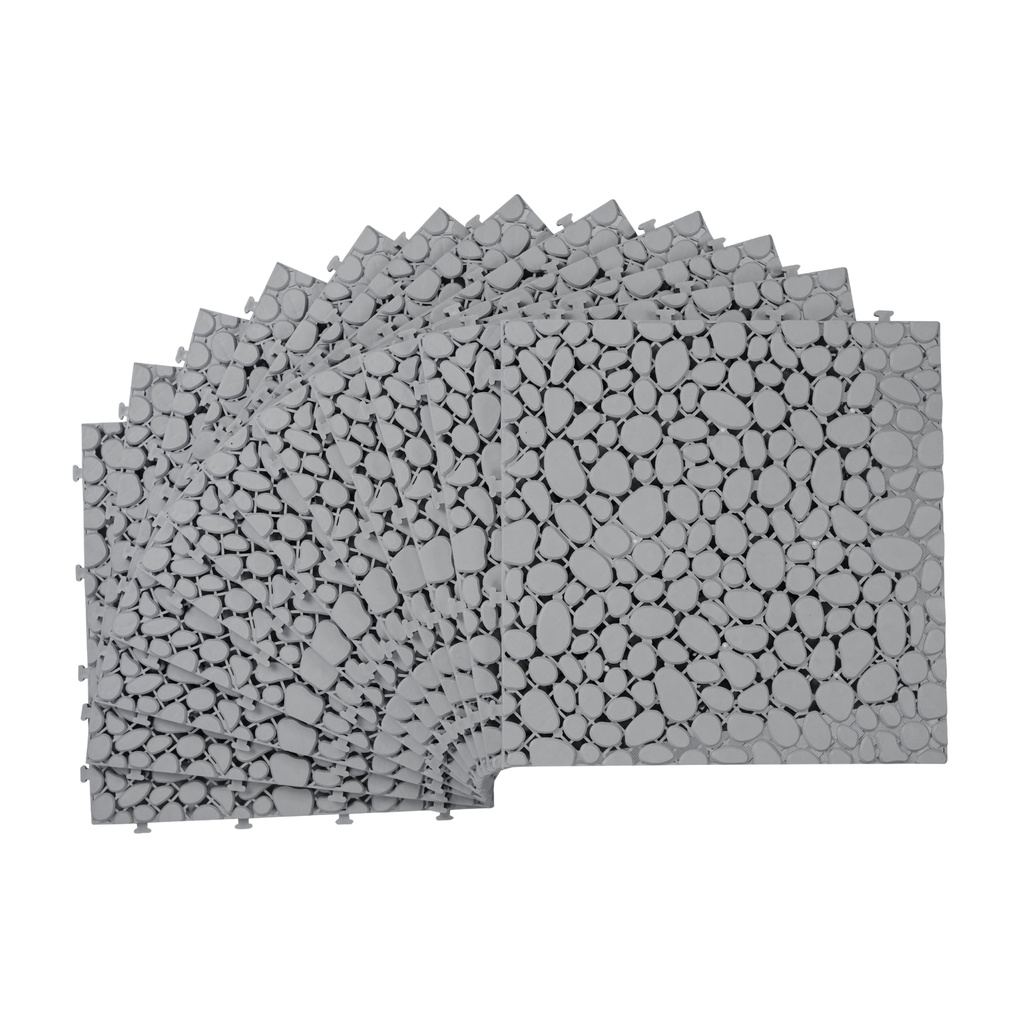 12 x 12 inch gray interlocking deck tiles, plastic waterproof pebble pattern, pack of 12 pieces