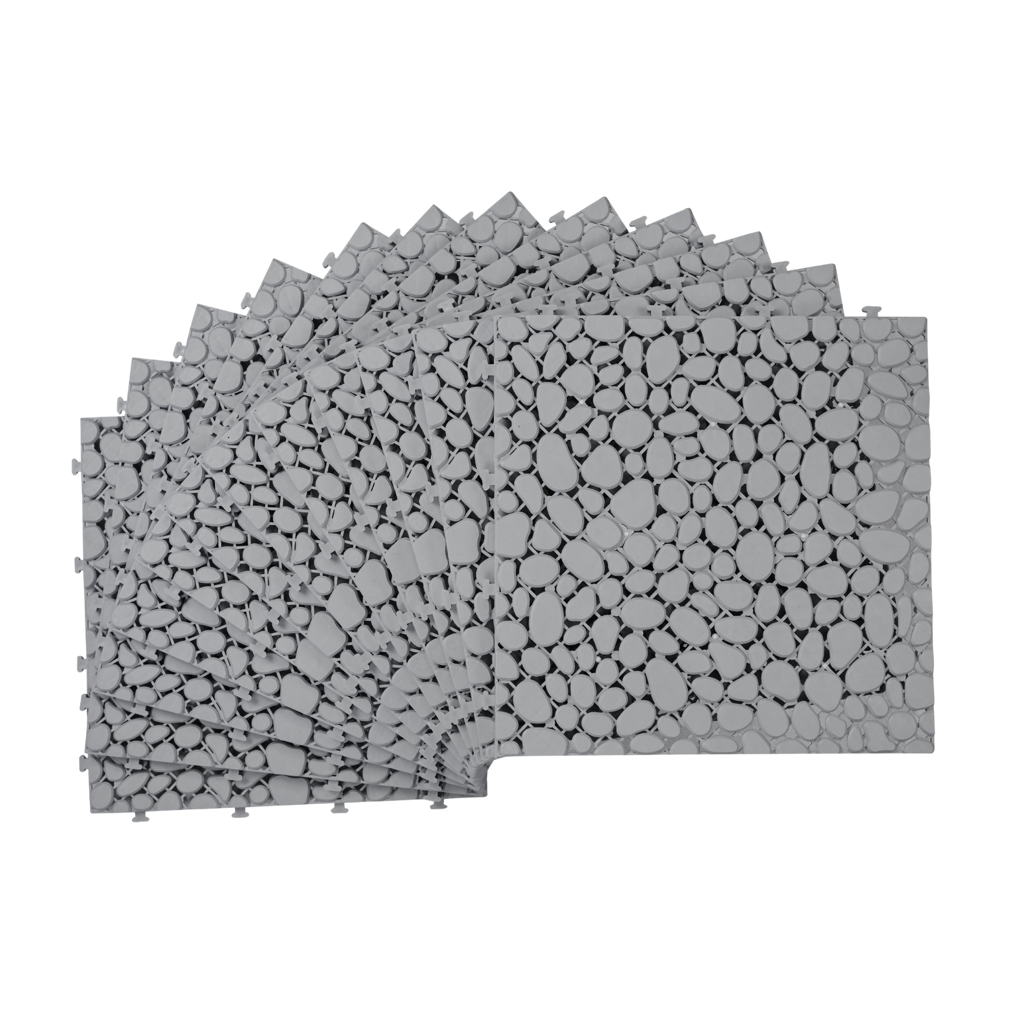 12 x 12 inch gray interlocking deck tiles, plastic waterproof pebble pattern, pack of 12 pieces