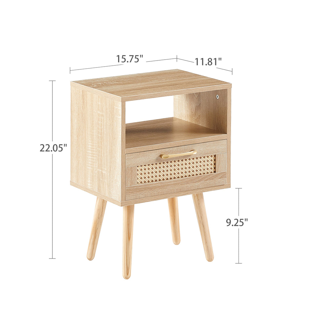 15.75" Rattan End table with drawer and solid wood legs Modern nightstand side table for living room natural