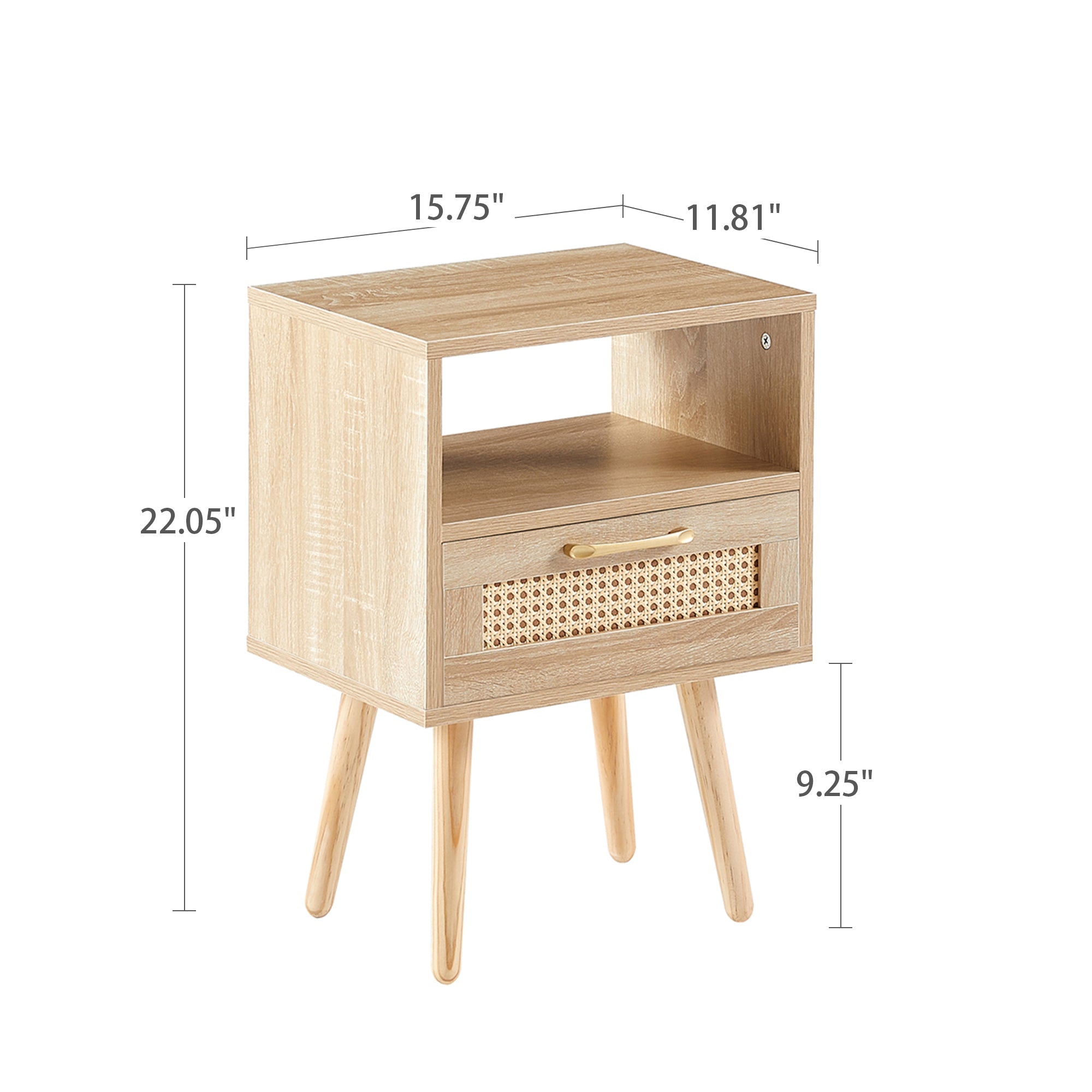 15.75" Rattan End table with drawer and solid wood legs Modern nightstand side table for living room natural