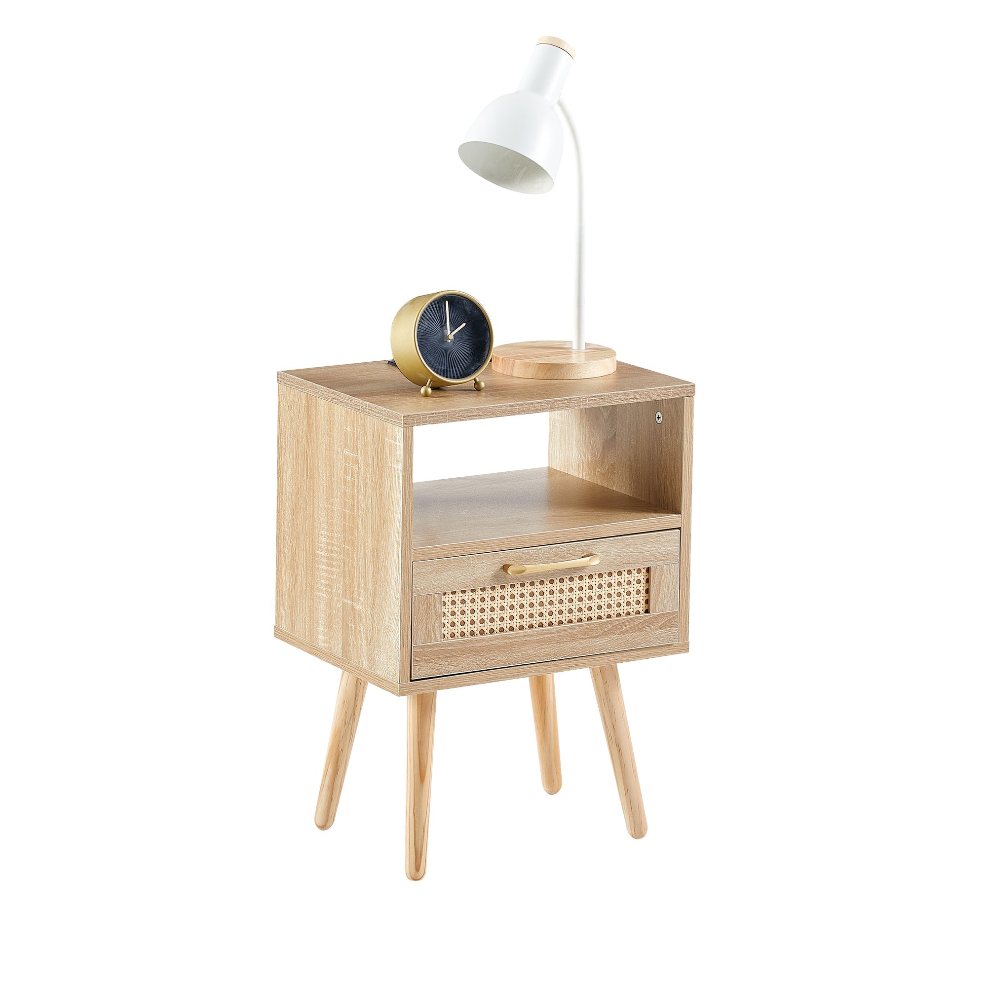 15.75" Rattan End table with Power Outlet & USB Ports  Modern nightstand with drawer and solid wood legs