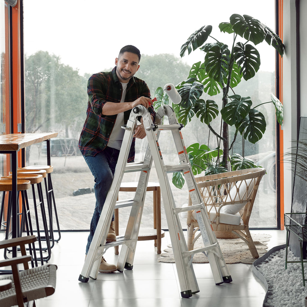 17ft Multi-Position Foldable Aluminum Ladder, A-Frame and Straight Ladder, ANSI 250lbs