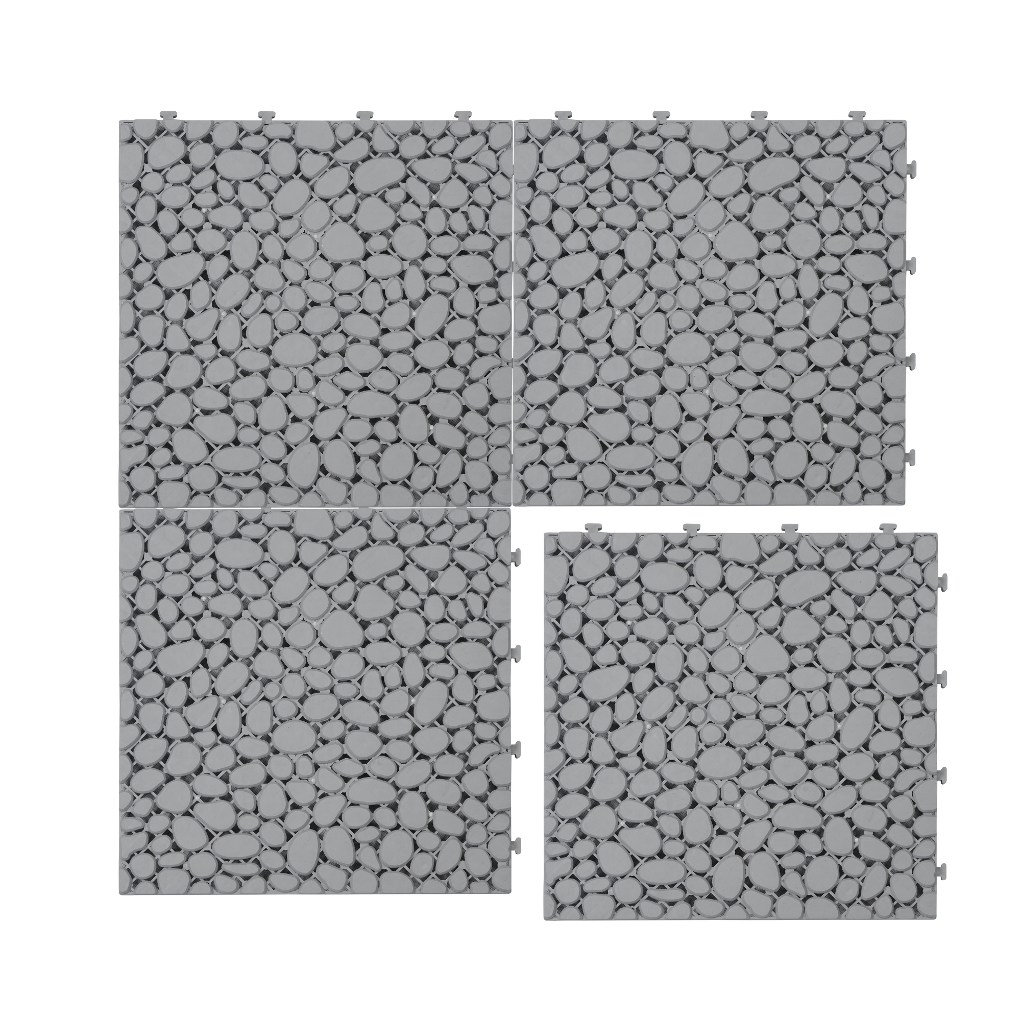12 x 12 inch gray interlocking deck tiles, plastic waterproof pebble pattern, pack of 12 pieces