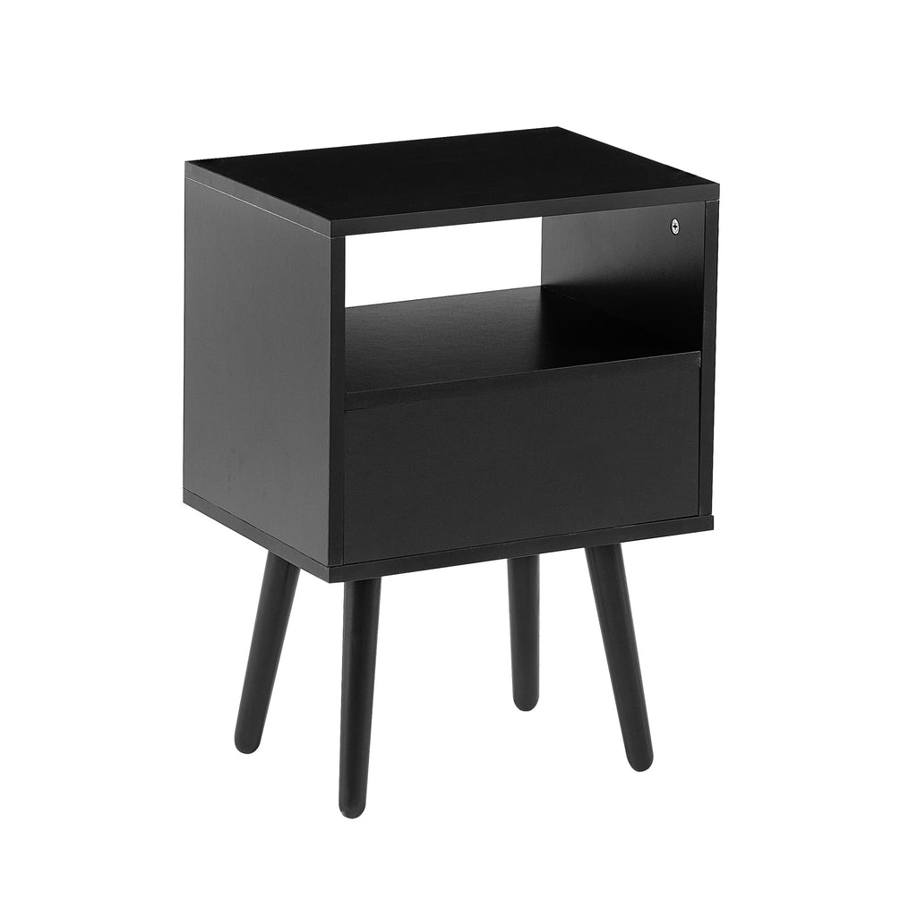15.75" Rattan End table with drawer and solid wood legs Modern nightstand side table for living room black
