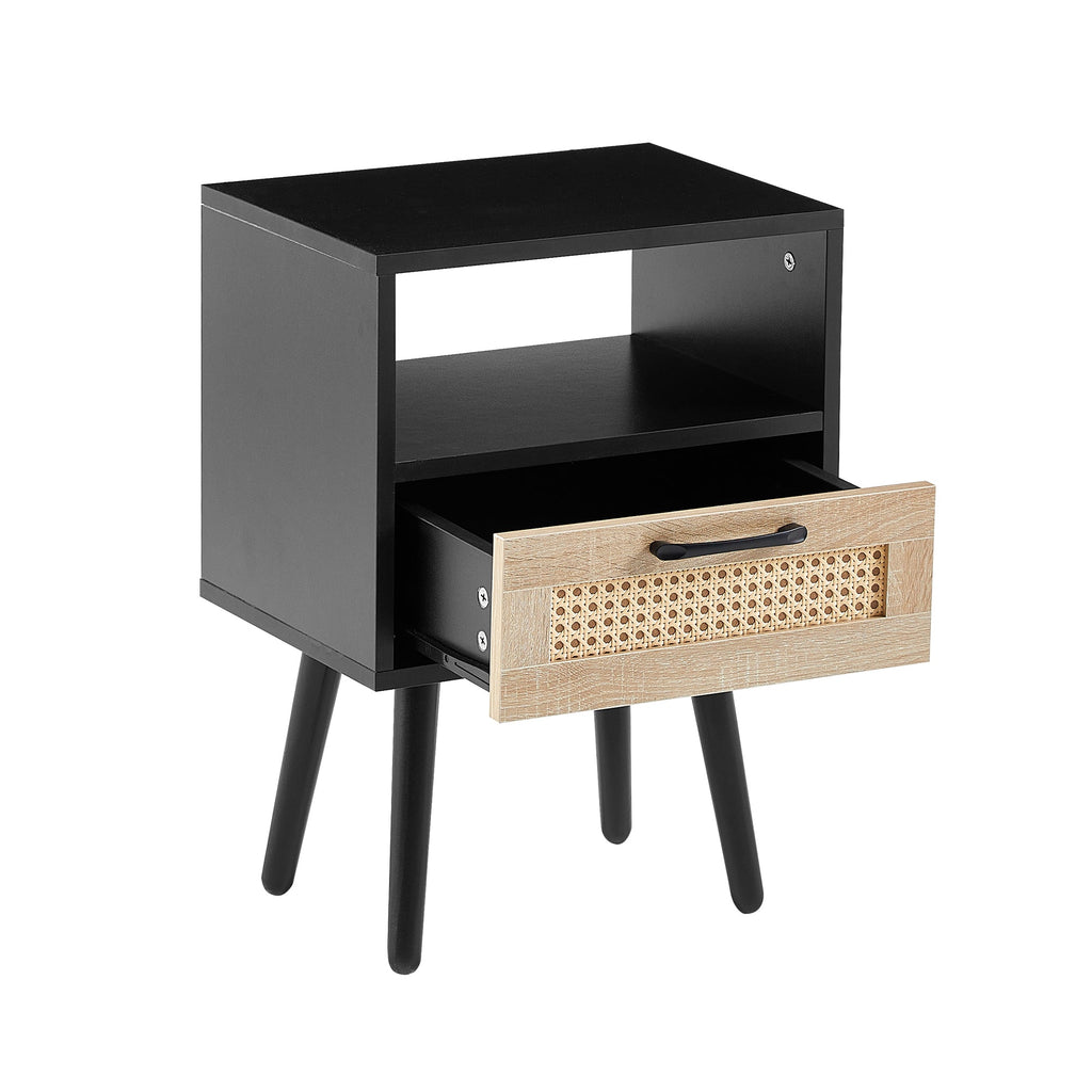 15.75" Rattan End table with drawer and solid wood legs Modern nightstand side table for living room black