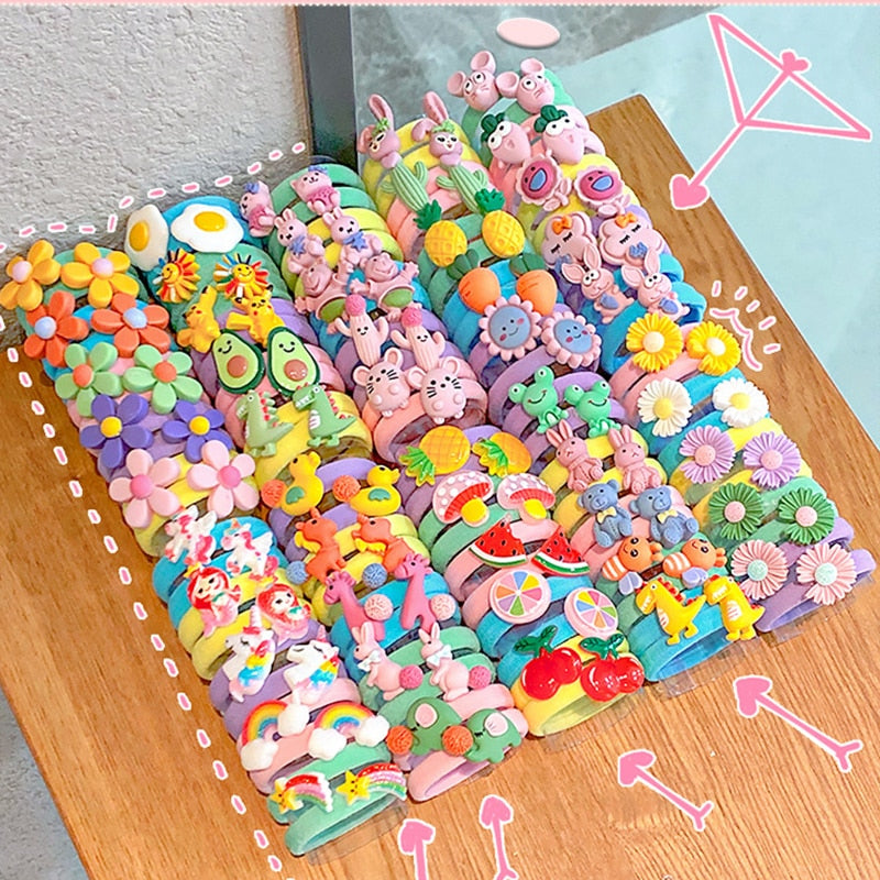 10PCS/Set Rainbow Cartoon Character Fruits Flower Nylon Elastic Hair Bands Women Girl Sweet Rubber Hair Tie Scrunchie Headwear