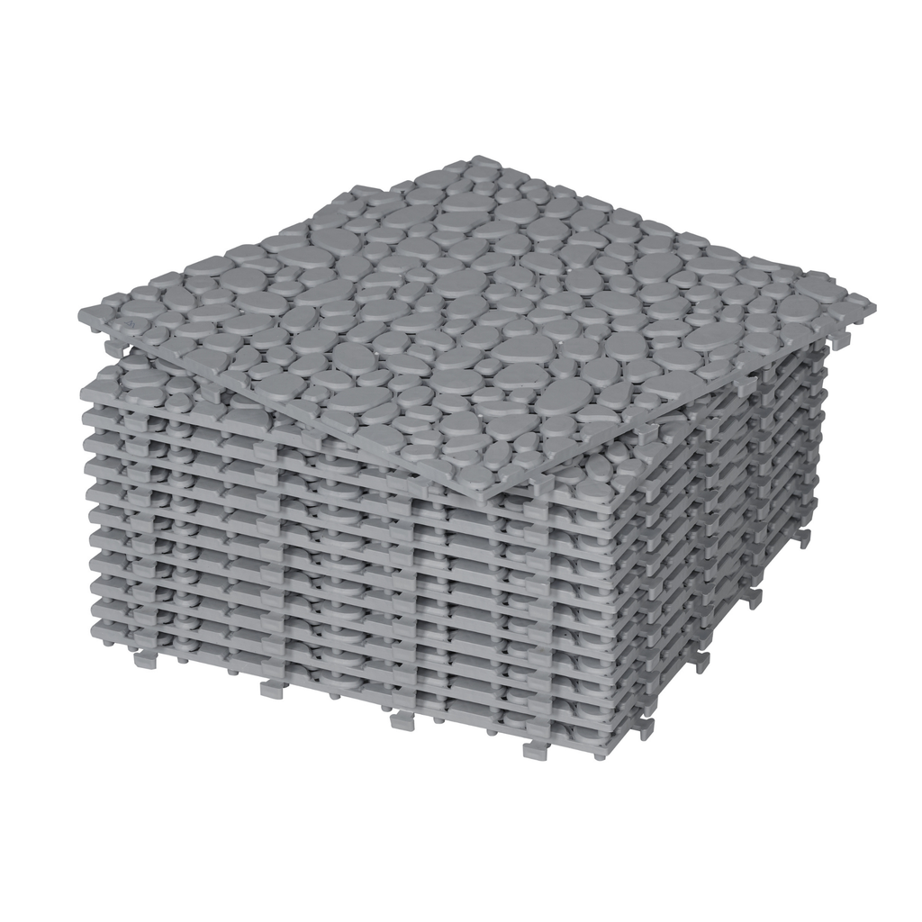 12 x 12 inch gray interlocking deck tiles, plastic waterproof pebble pattern, pack of 12 pieces