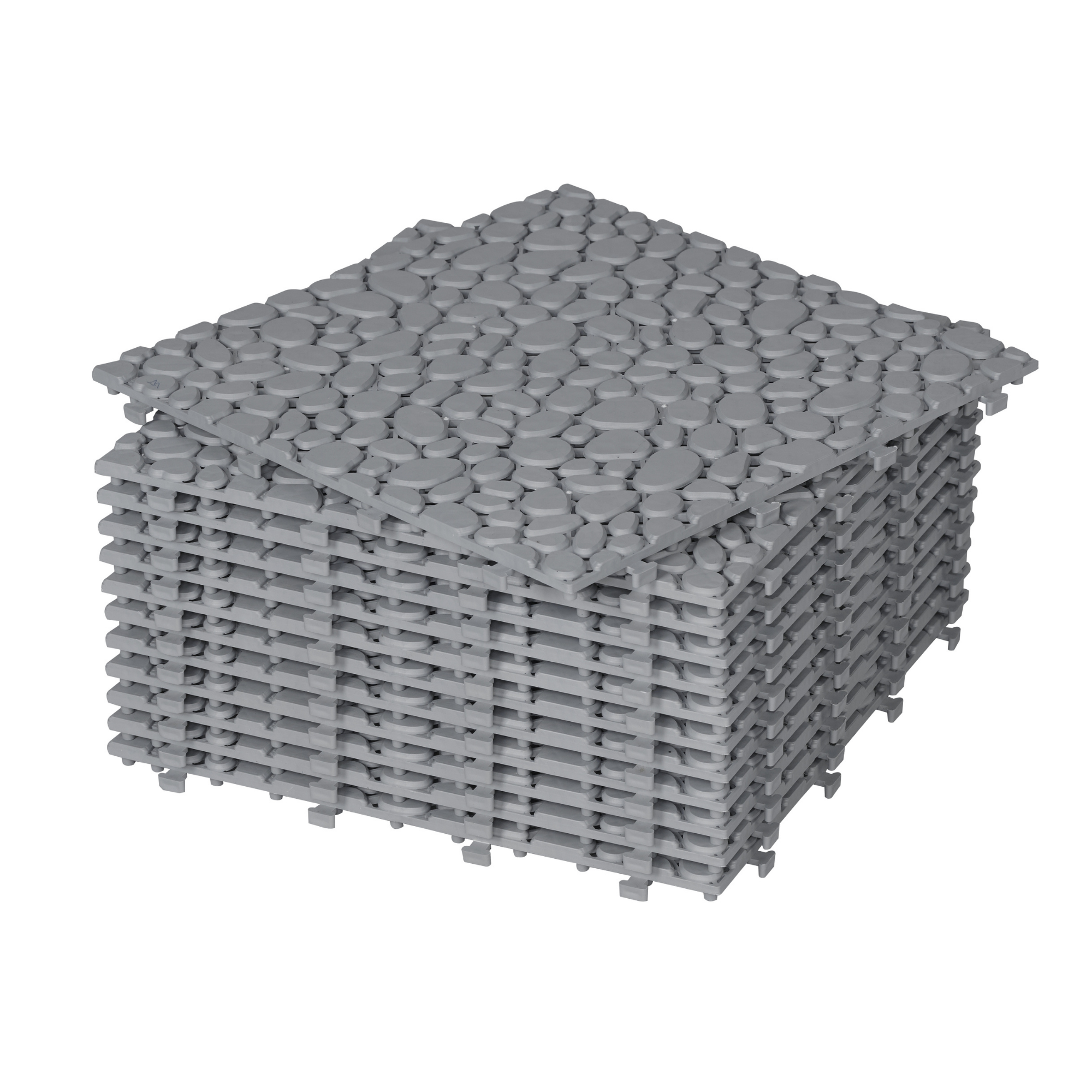 12 x 12 inch gray interlocking deck tiles, plastic waterproof pebble pattern, pack of 12 pieces