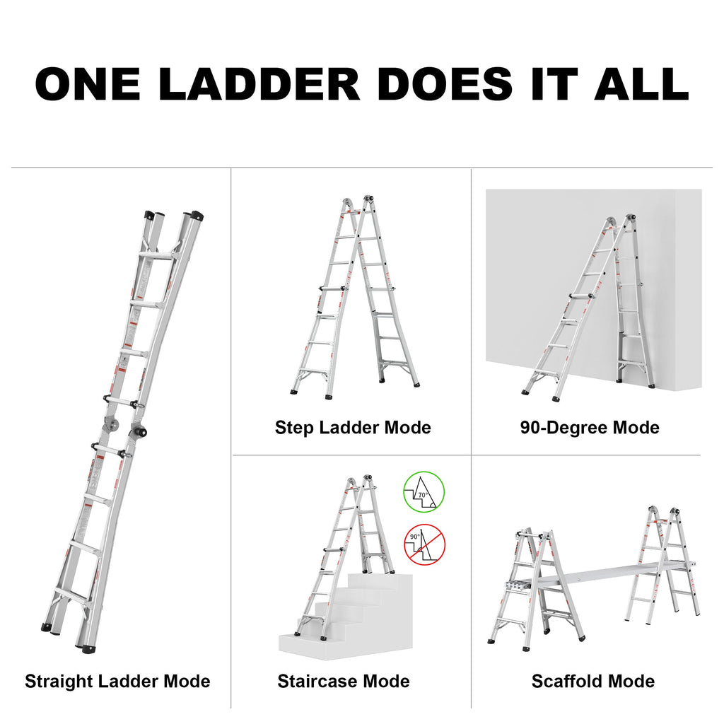 17ft Multi-Position Foldable Aluminum Ladder, A-Frame and Straight Ladder, ANSI 250lbs