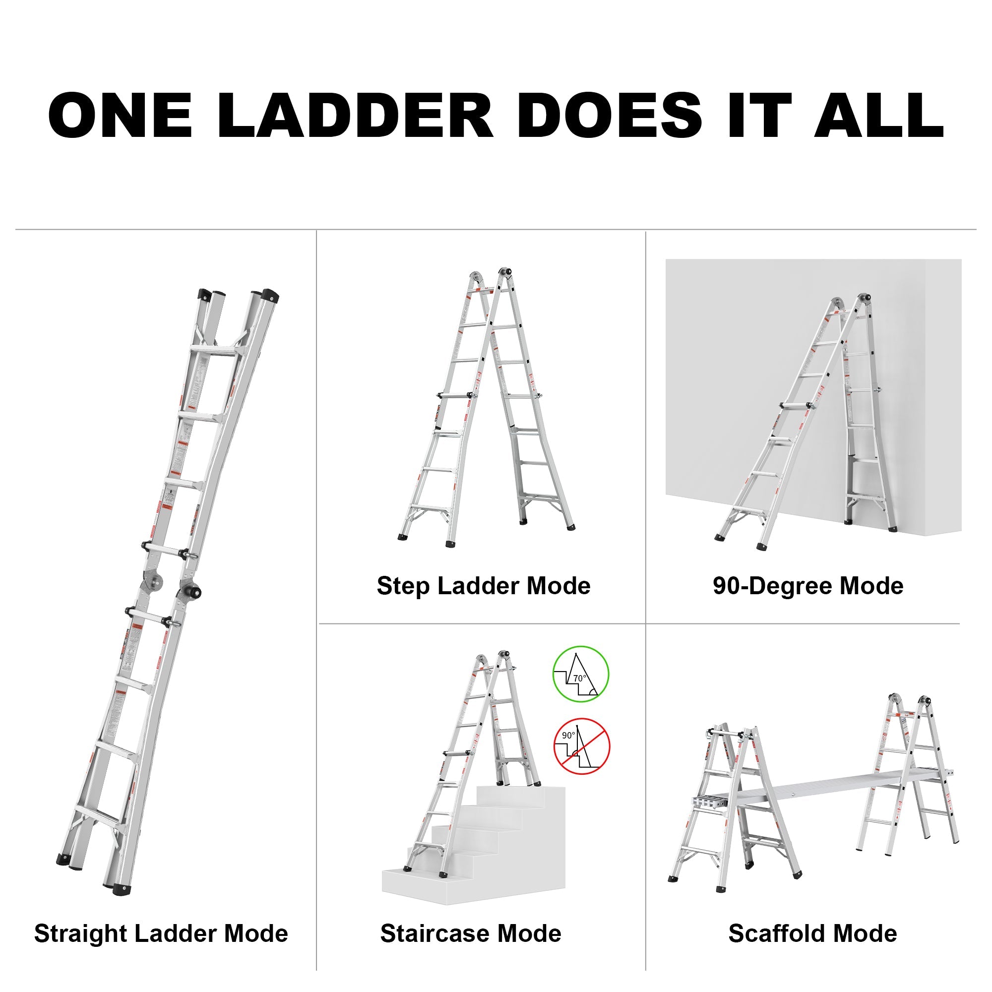 17ft Multi-Position Foldable Aluminum Ladder, A-Frame and Straight Ladder, ANSI 250lbs