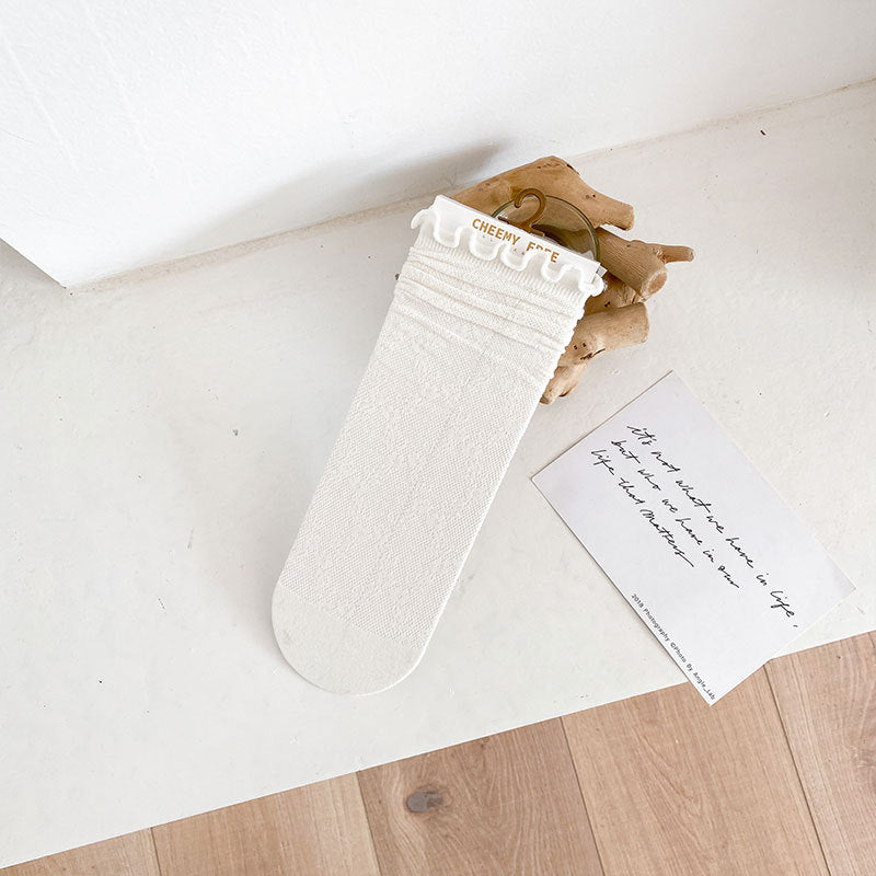 1 pair of socks for women summer thin black middle tube socks Japanese lace ballet style socks mesh breathable pile socks